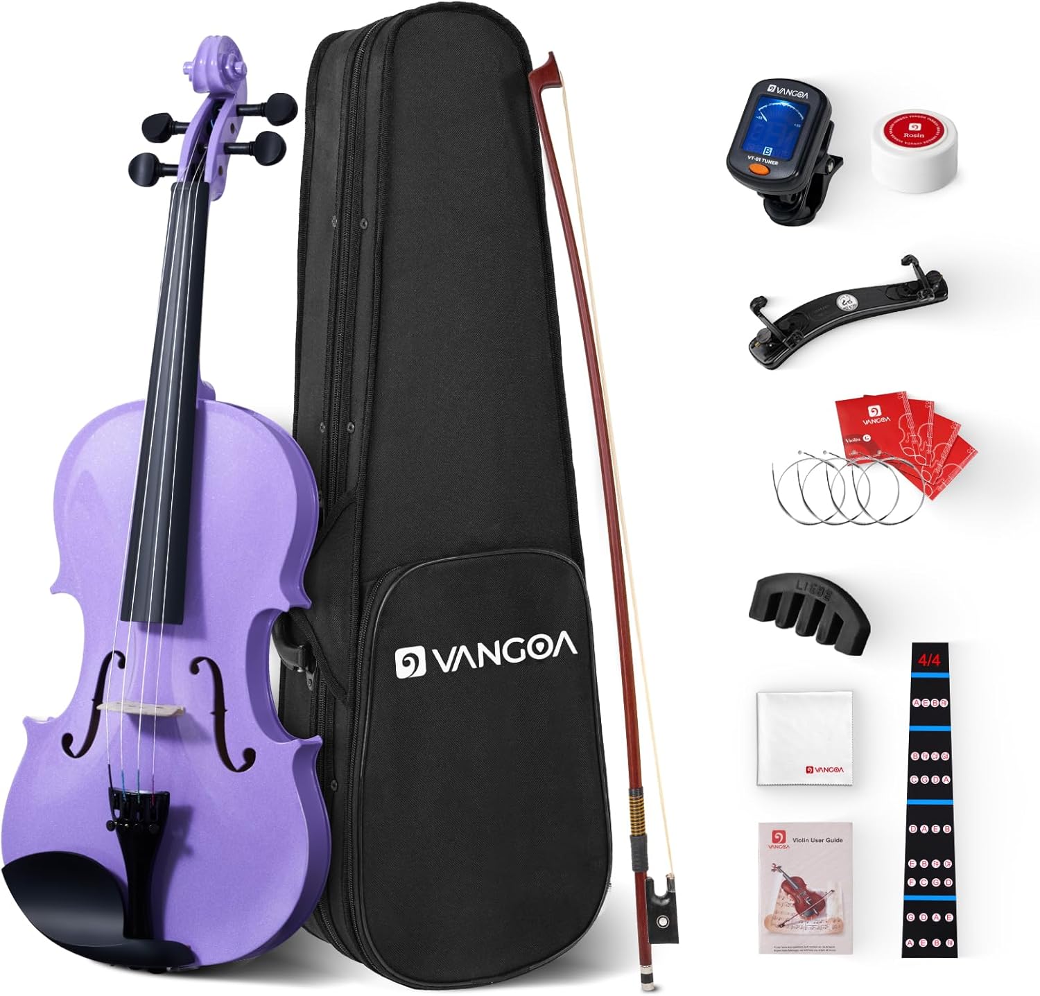 Vangoa 4/4 Violinenset in voller Größe für Anfänger, Einsteiger-Geigenset für Kinder, Erwachsene, Mädchen, komplettes Starter-Zubehörpaket mit Gummidämpfer, Lila