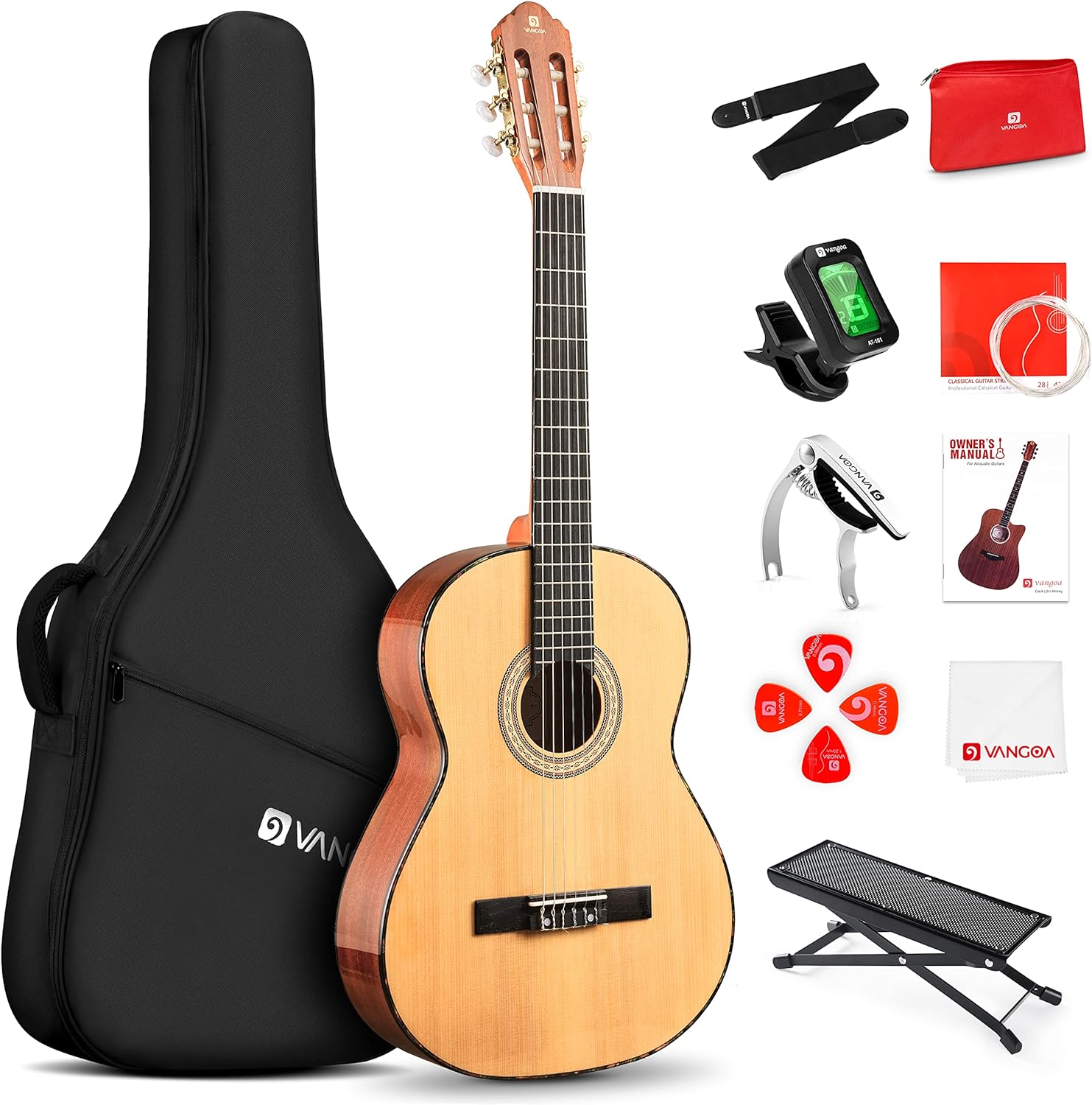 Vangoa Konzertgitarre, 39 Zoll große Nylonsaitengitarre, Spanische Gitarre in voller Größe für Anfänger mit Fichtendecke und Sapeli-Rückseite, Paket für Gigbag, Pedal, Gitarrenstimmgerät, Gurt, Kapodaster, Ersatzsaiten