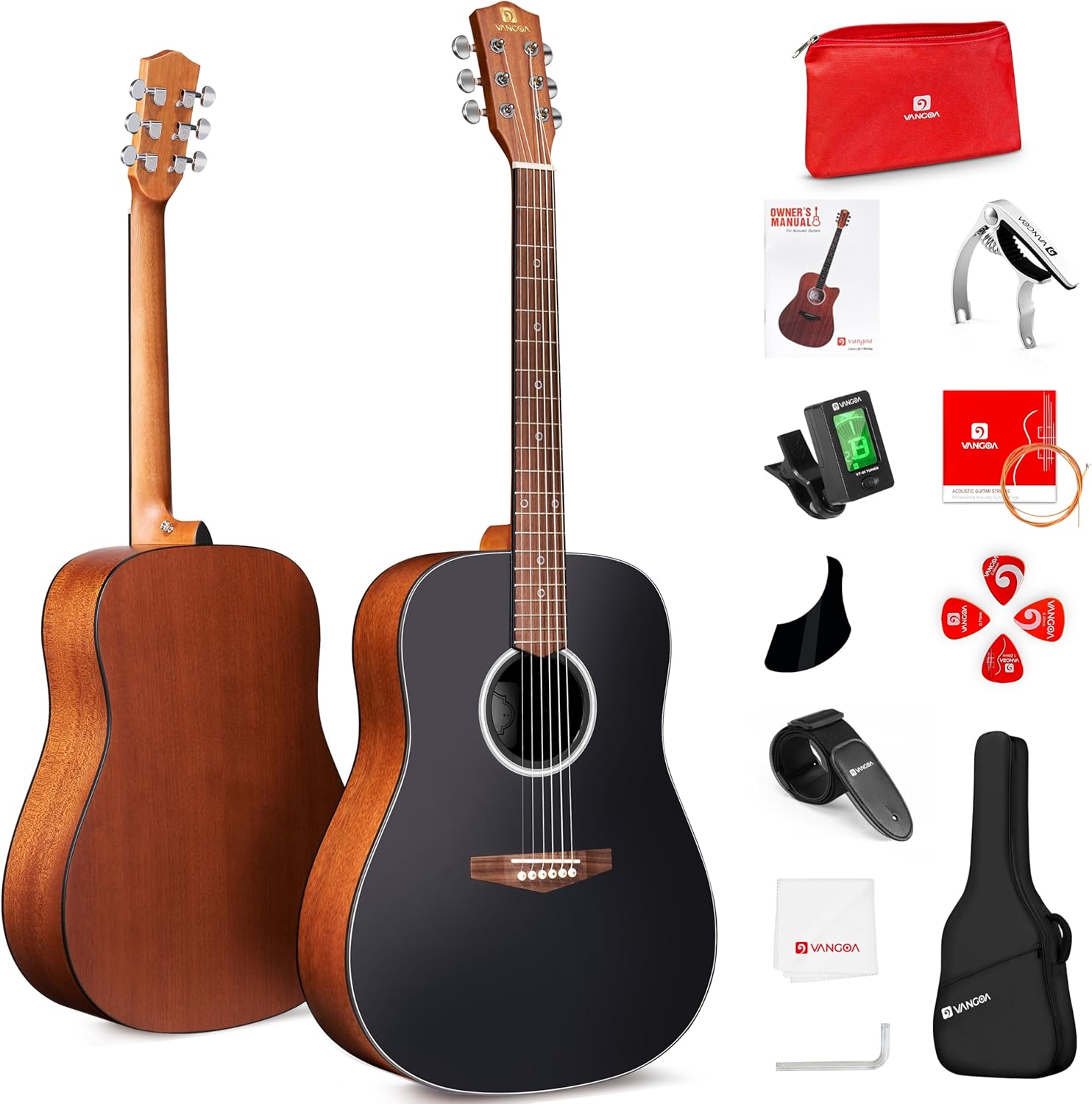 Ensemble de guitare acoustique Vangoa pour débutants, 104 cm, 6 cordes en acier, Dreadnought, pour adultes, adolescents et enfants, avec housse de transport, pour droitier, noir mat