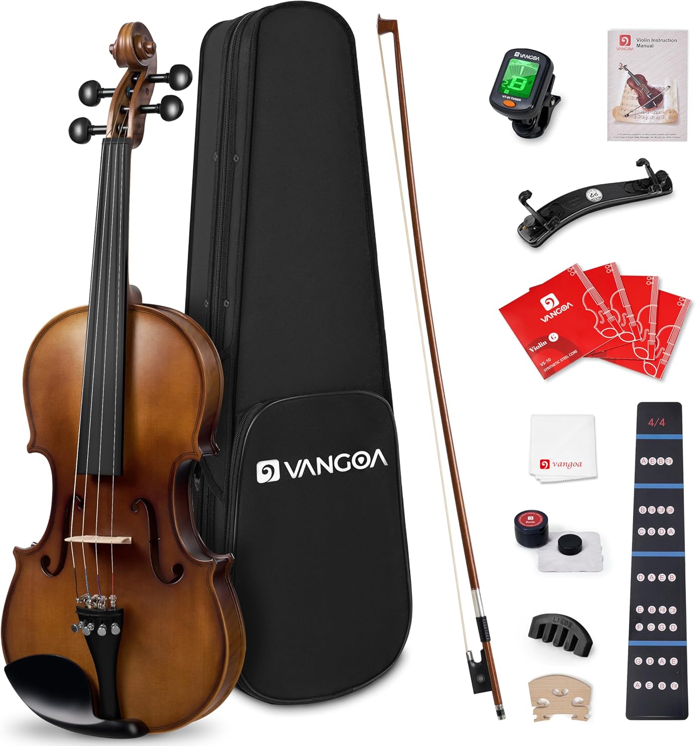 Vangoa solid wood violin 4/4 full size set tiger print violin, handmade four by four entry level acoustic violin set