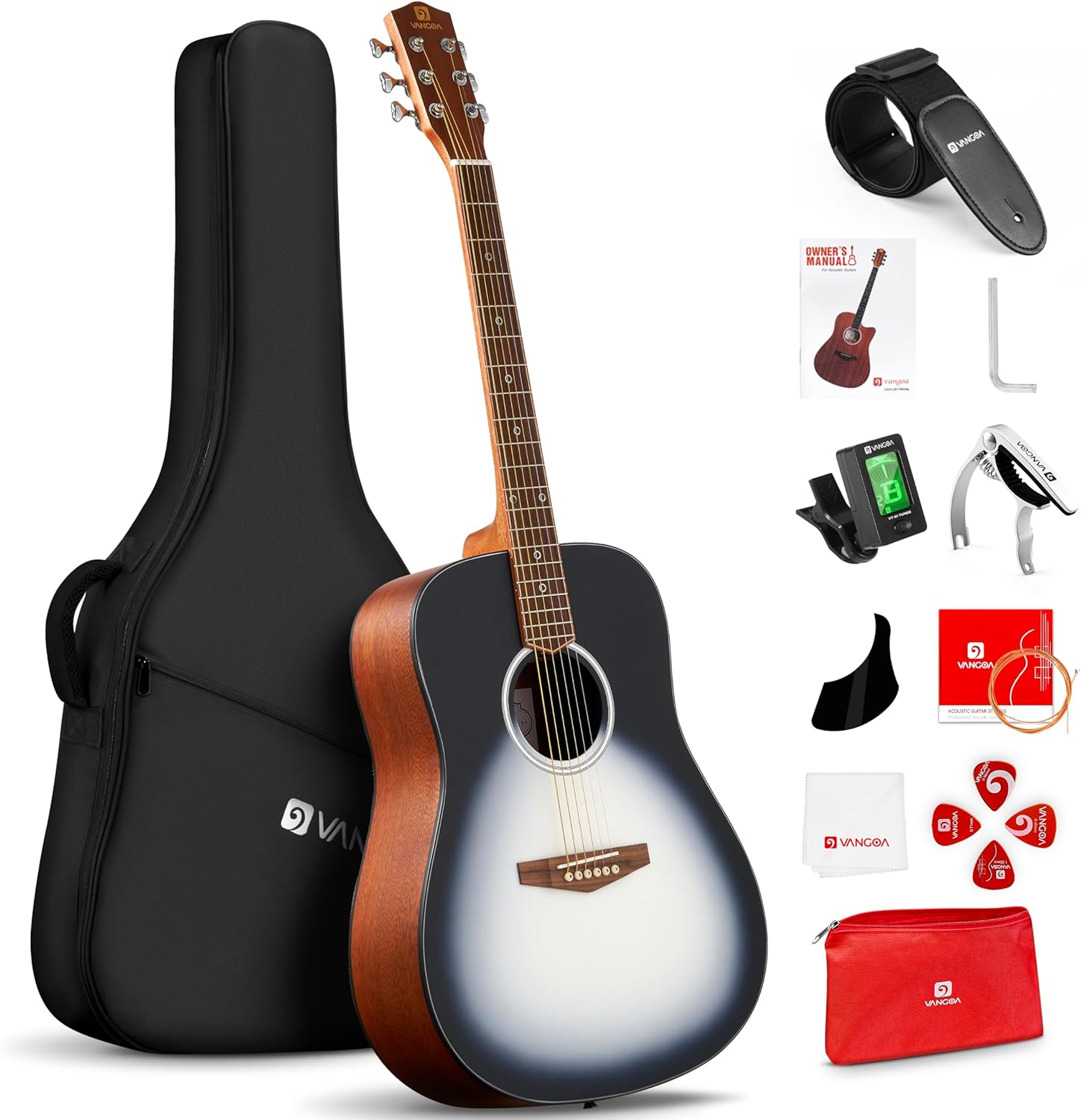 Guitare acoustique dreadnought Vangoa pour débutant adulte, 41 pouces, pour droitier, 6 cordes, touche en noyer, étui rembourré, accordeur, sangle, médiators, capodastre, cordes supplémentaires, blanc
