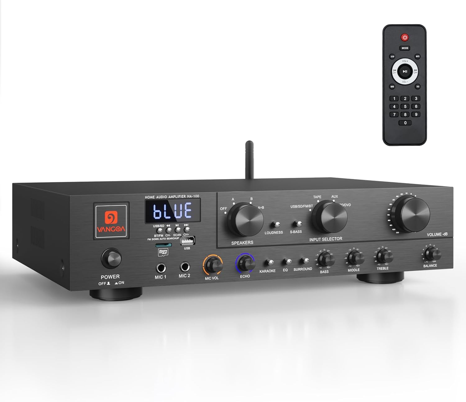 Amplificateur audio stéréo Vangoa, récepteur audio stéréo sans fil 5.1 canaux, puissance maximale 800 W, avec port USB, TF, FM, 2 entrées microphone, amplificateur de haut-parleur pour home cinéma et studio.
