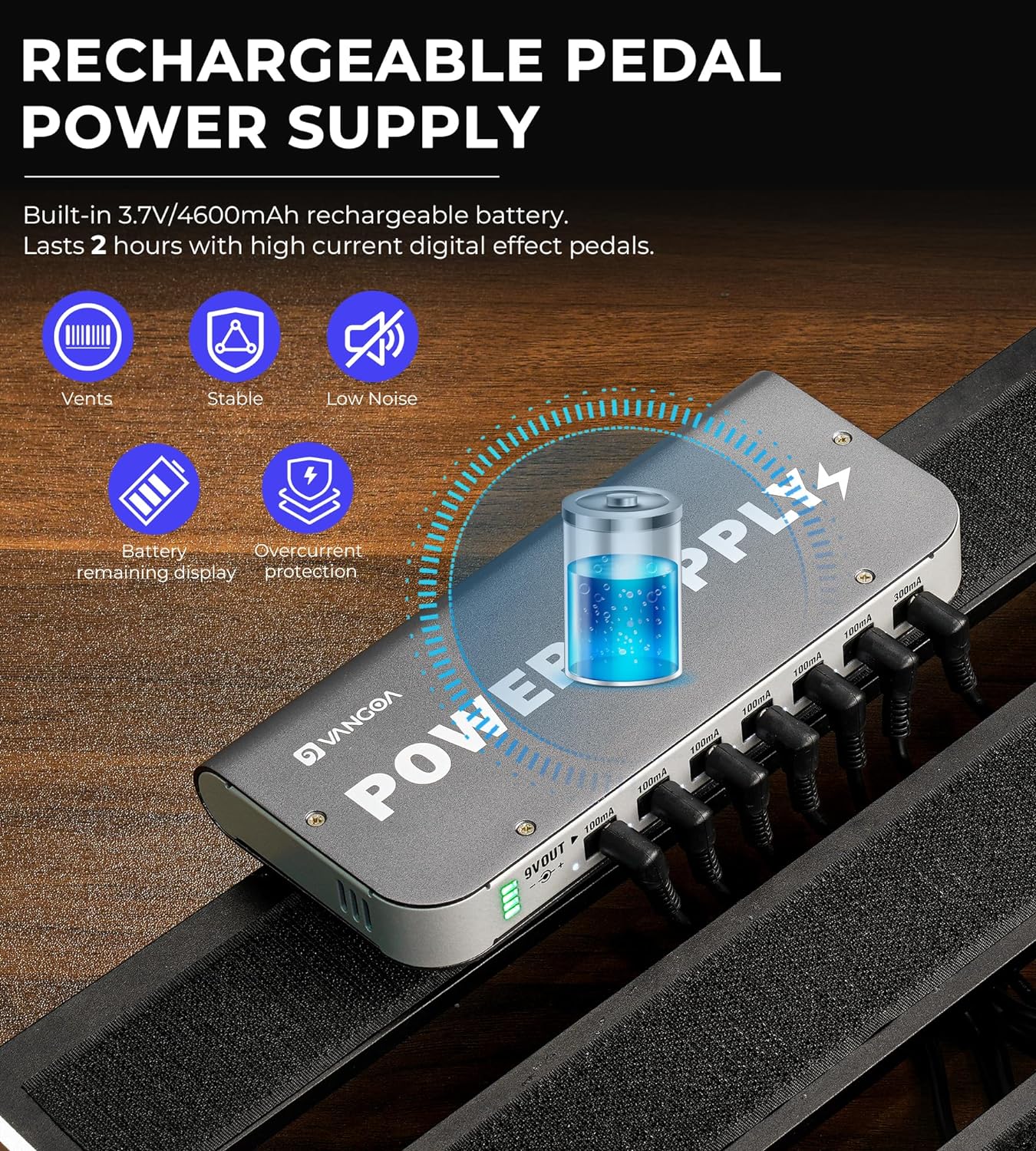 Guitar Pedal Power Supply Vangoa Rechargeable Power Supply Portable with Battery Indicator Built-in 4600mAh Battery 7 Channels DC Output for 9V Guitar Bass Effect Pedals with USB Port for Phone Pad
