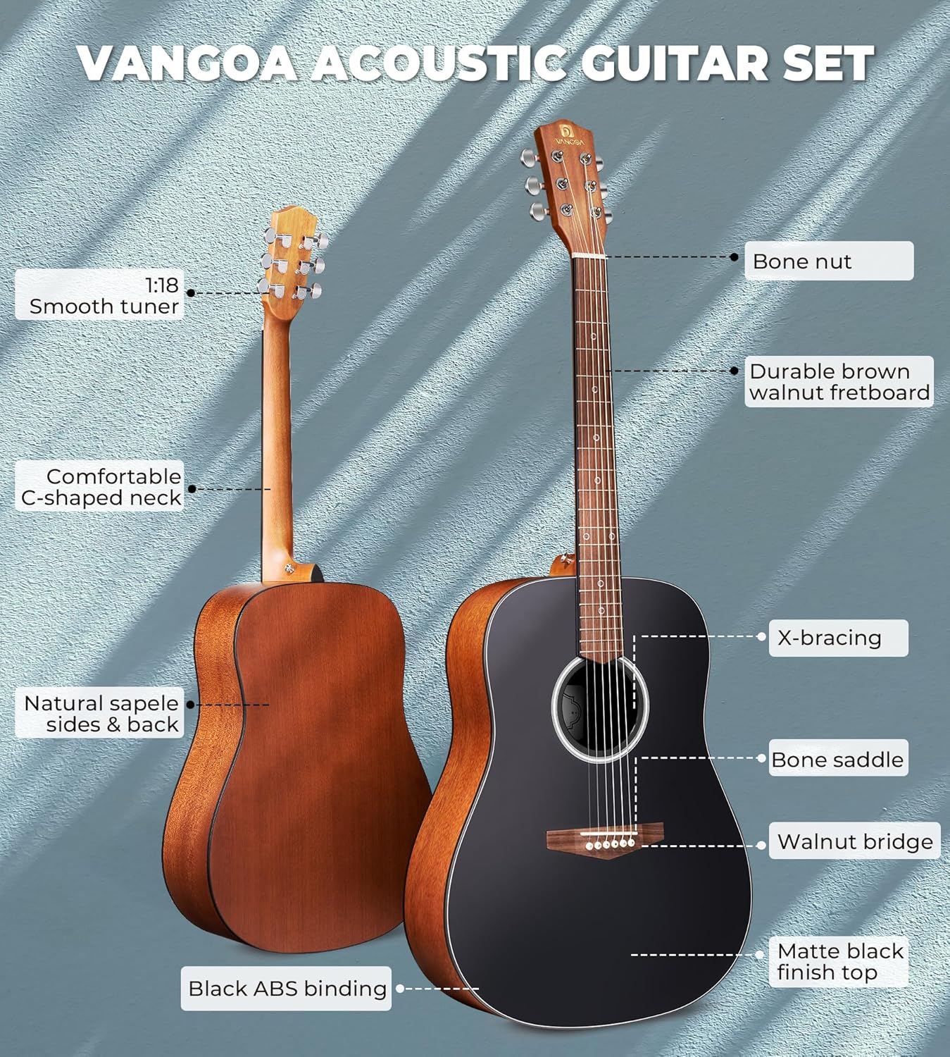 Ensemble de guitare acoustique Vangoa pour débutants, 104 cm, 6 cordes en acier, Dreadnought, pour adultes, adolescents et enfants, avec housse de transport, pour droitier, noir mat