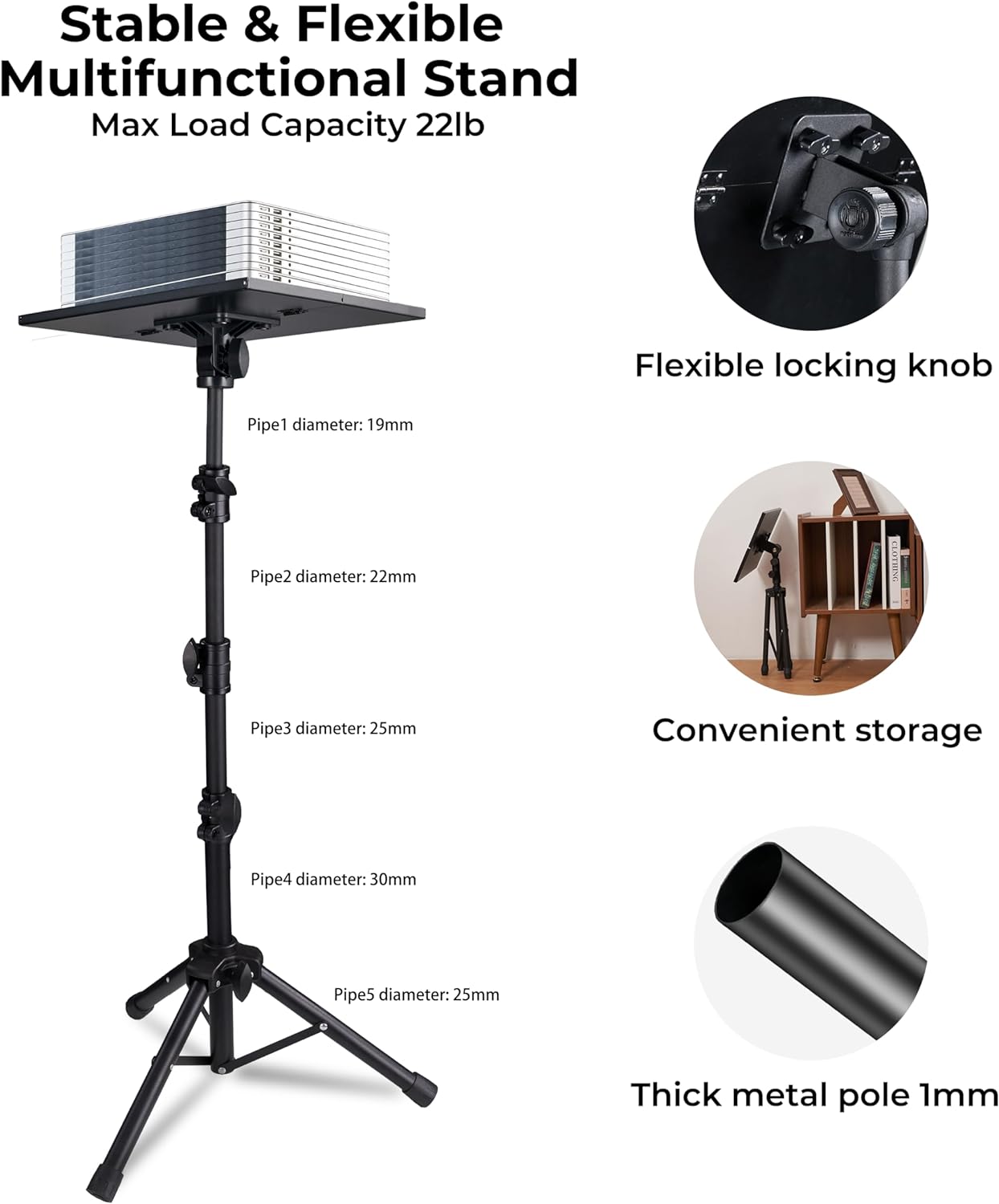 Projector Stand Tripod Vangoa Laptop Tripod Stand Adjustable Height 23.6 to 62in with Mouse Tray Phone Holder Violin Hanger Multifunctional Stand for Home, Office, Stage, Studio, DJ Racks Holder Mount