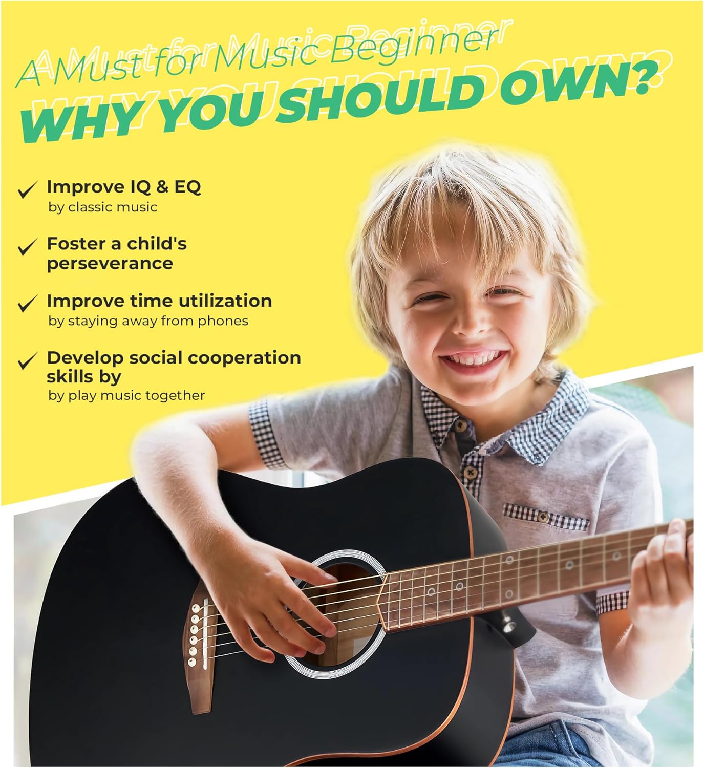 Guitare acoustique dreadnought Vangoa pour débutant adulte, 41 pouces, guitares pour droitier, jeu complet de 6 cordes, touche en noyer, étui rembourré, accordeur, sangle, médiators, capodastre, cordes supplémentaires, noir