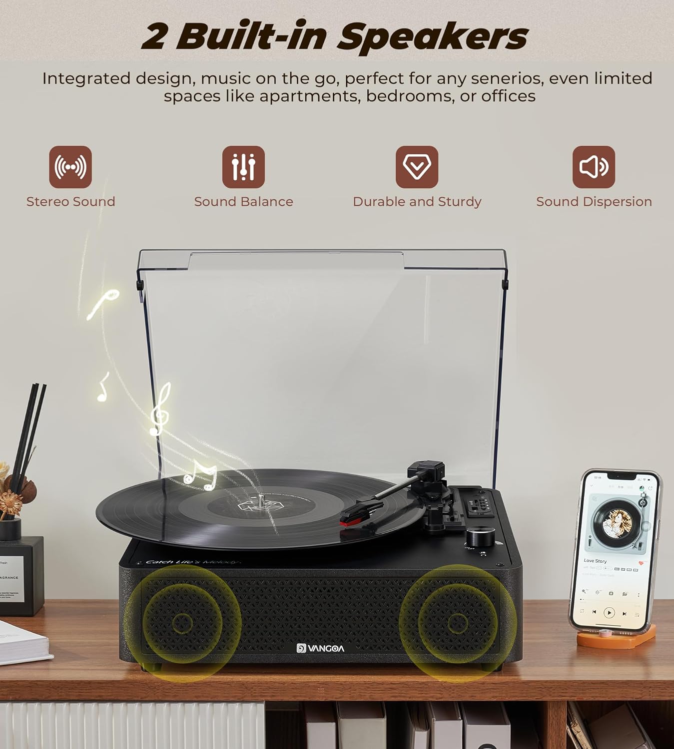 Vangoa Vinyl Record Player Turntable with 2 Built-in Speakers, Wireless Record Player 3 Speed 3 Size, Portable Vintage Belt-Driven Turntables for Vinyl Records, Black