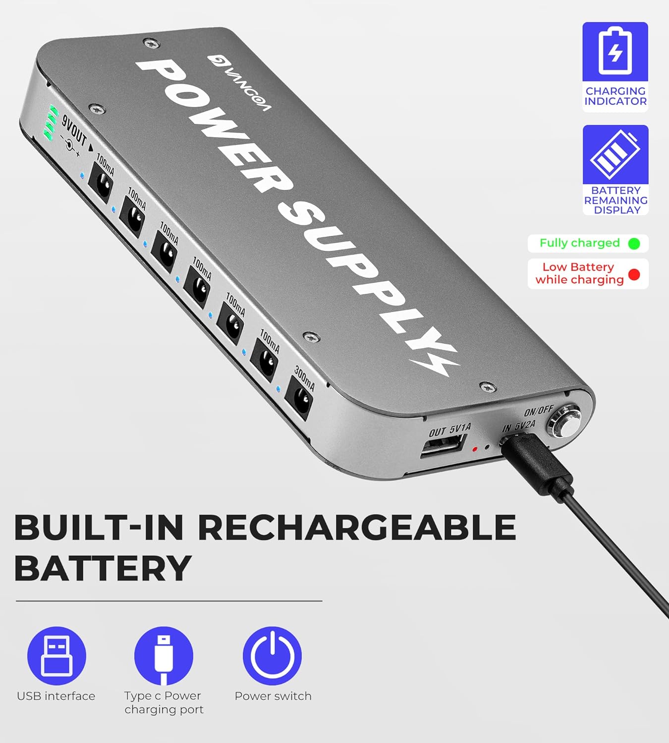 Guitar Pedal Power Supply Vangoa Rechargeable Power Supply Portable with Battery Indicator Built-in 4600mAh Battery 7 Channels DC Output for 9V Guitar Bass Effect Pedals with USB Port for Phone Pad