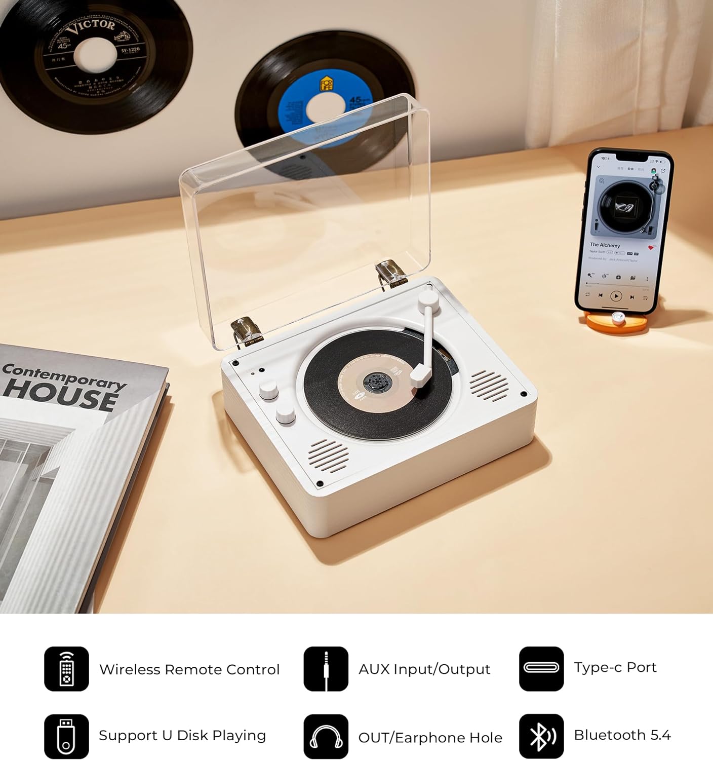 Lecteur CD Vangoa pour la maison, petit format, avec enceintes HiFi, lecteur CD portable, lecteur CD rechargeable, double prise casque 3,5 mm, pour sortie AUX, mode USB, lecteur de musique domestique, aspect vinyle, bois