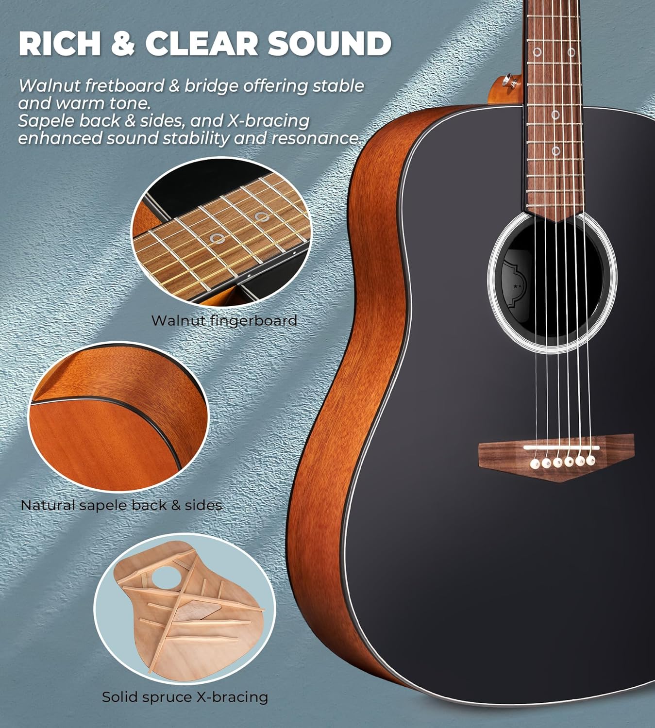Ensemble de guitare acoustique Vangoa pour débutants, 104 cm, 6 cordes en acier, Dreadnought, pour adultes, adolescents et enfants, avec housse de transport, pour droitier, noir mat