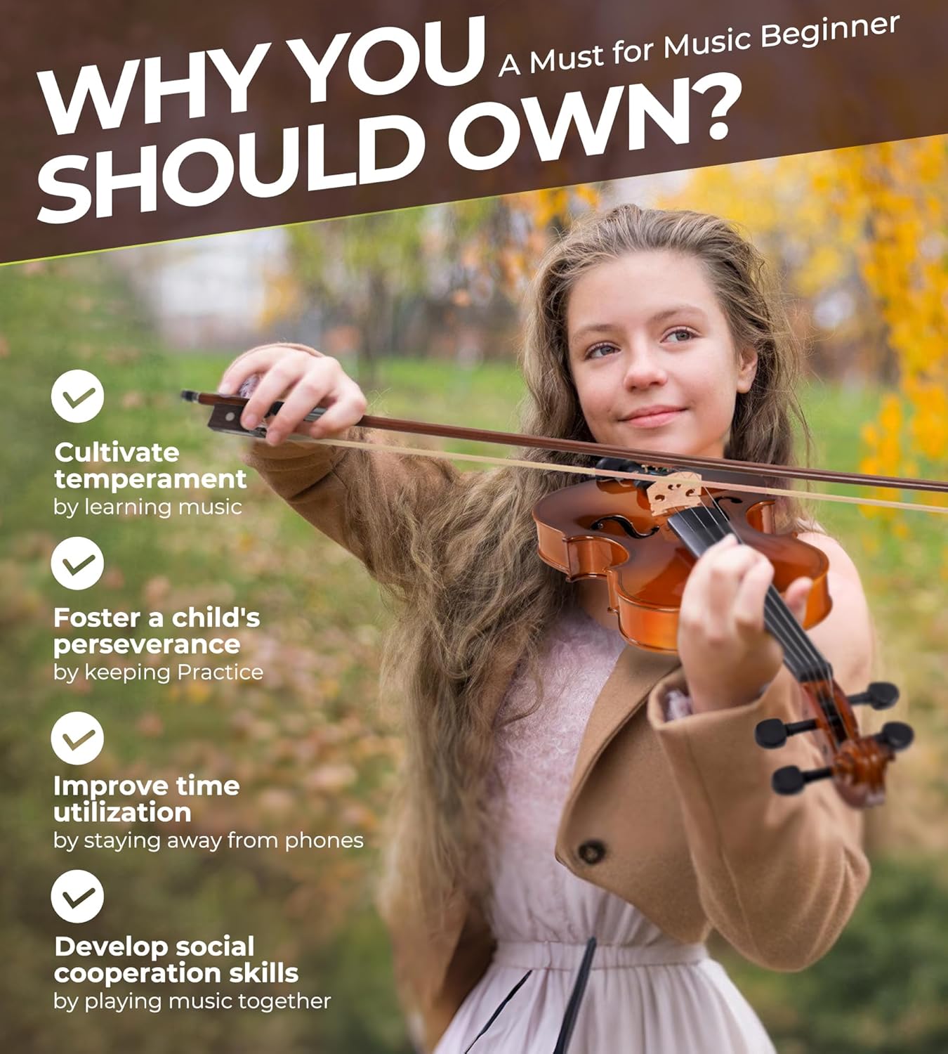 Ensemble de violons Vangoa demi-taille, violons acoustiques demi-taille faits main pour débutants, avec plateau en bois massif et étui rigide léger pour enfants, adultes et droitiers.