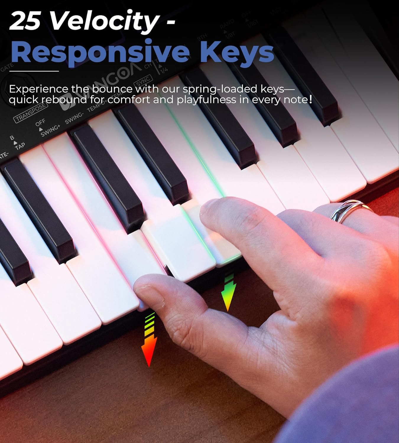 Vangoa MIDI-Keyboard-Controller mit 25 Tasten, tragbare Mini-Beat-Maker-Maschine mit Drum-Pads mit Hintergrundbeleuchtung, 8 Knoks, 8 RGB-Beating-Pad für die Musikproduktion, anschlagdynamisch, LED-Anzeige, Arpeggiator, Schwarz