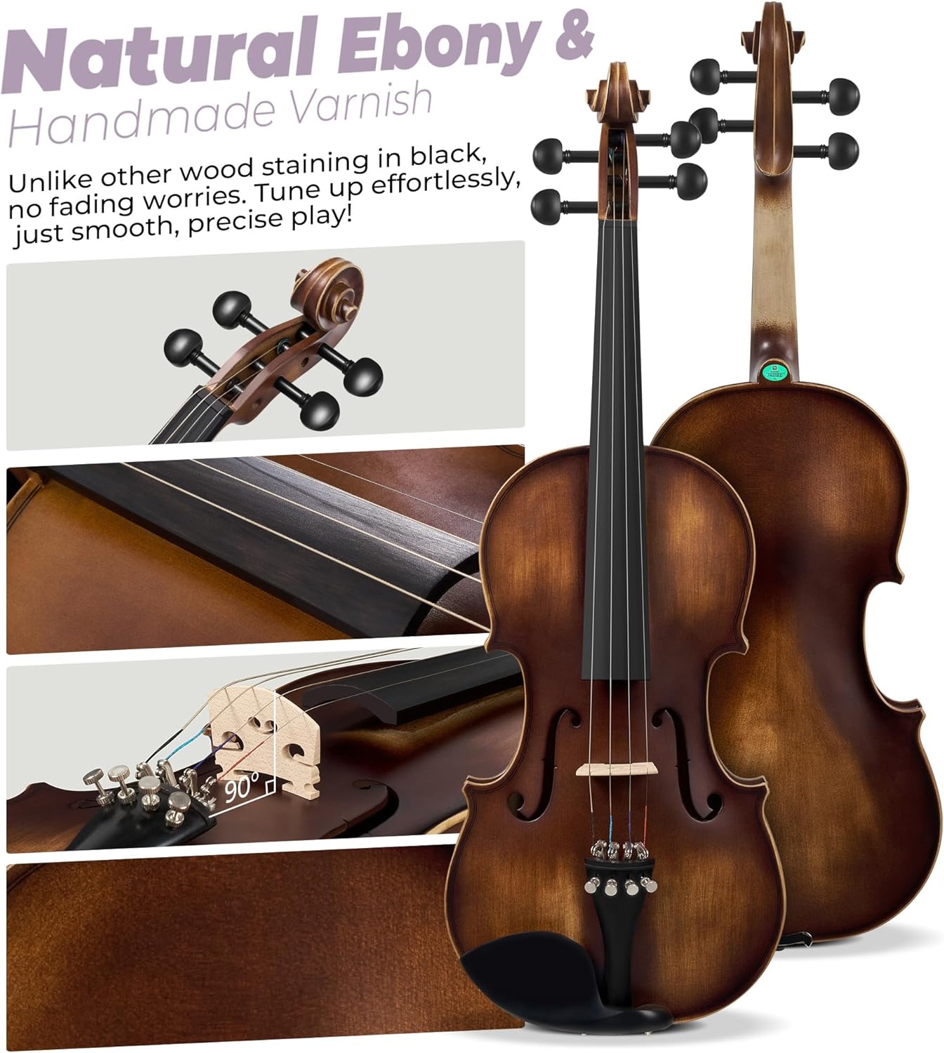 Vangoa solid wood violin 4/4 full size set, hand varnished, handcrafted four by four entry level acoustic violin set