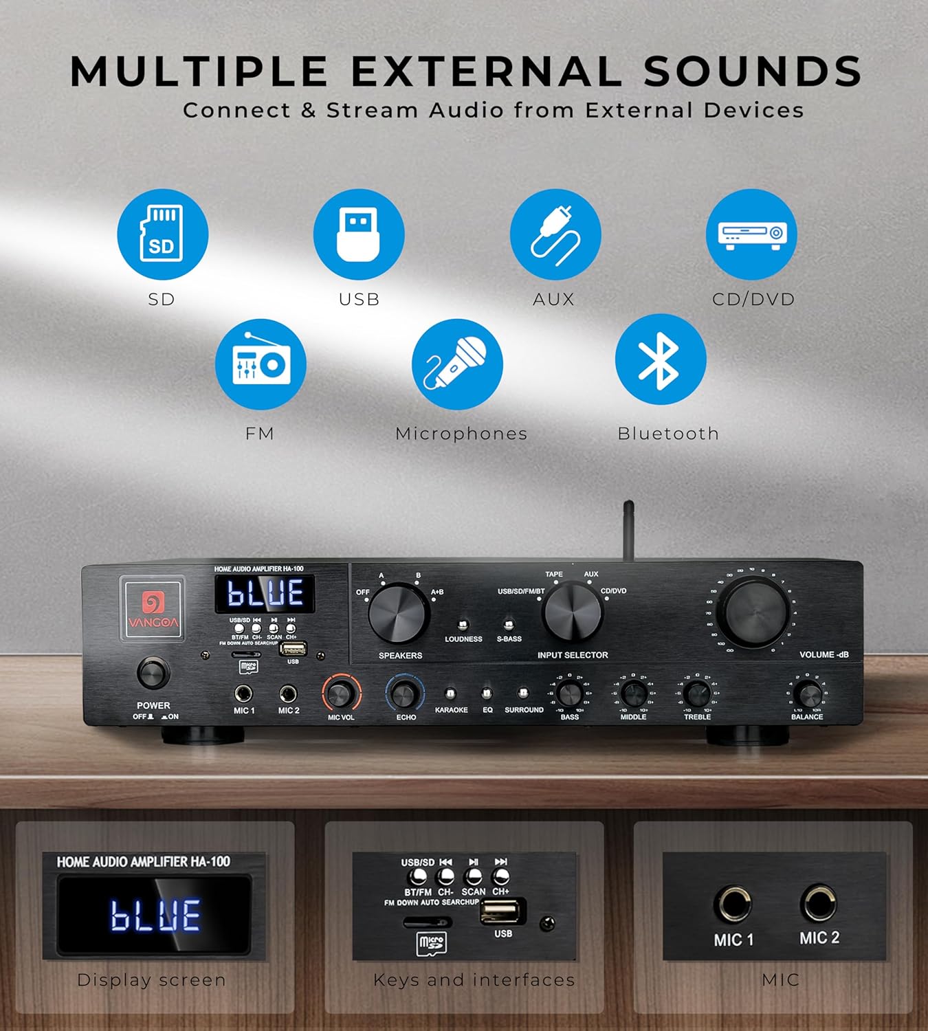 Amplificateur audio stéréo Vangoa, récepteur audio stéréo sans fil 5.1 canaux, puissance maximale 800 W, avec port USB, TF, FM, 2 entrées microphone, amplificateur de haut-parleur pour home cinéma et studio.