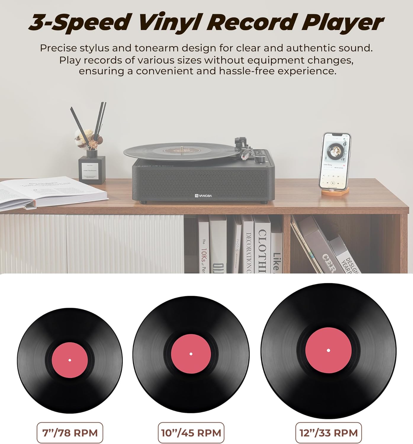 Vangoa Vinyl Record Player Turntable with 2 Built-in Speakers, Wireless Record Player 3 Speed 3 Size, Portable Vintage Belt-Driven Turntables for Vinyl Records, Black