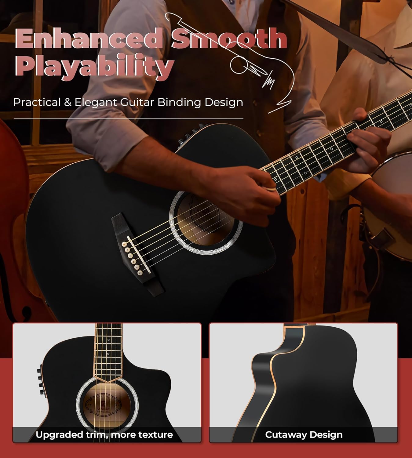 Guitare électro-acoustique Vangoa 3/4 pour débutants, 91 cm, pan coupé, micros intégrés, housse, accordeur, sangle, capodastre, médiators, table en épicéa, kit de démarrage amélioré, noir mat