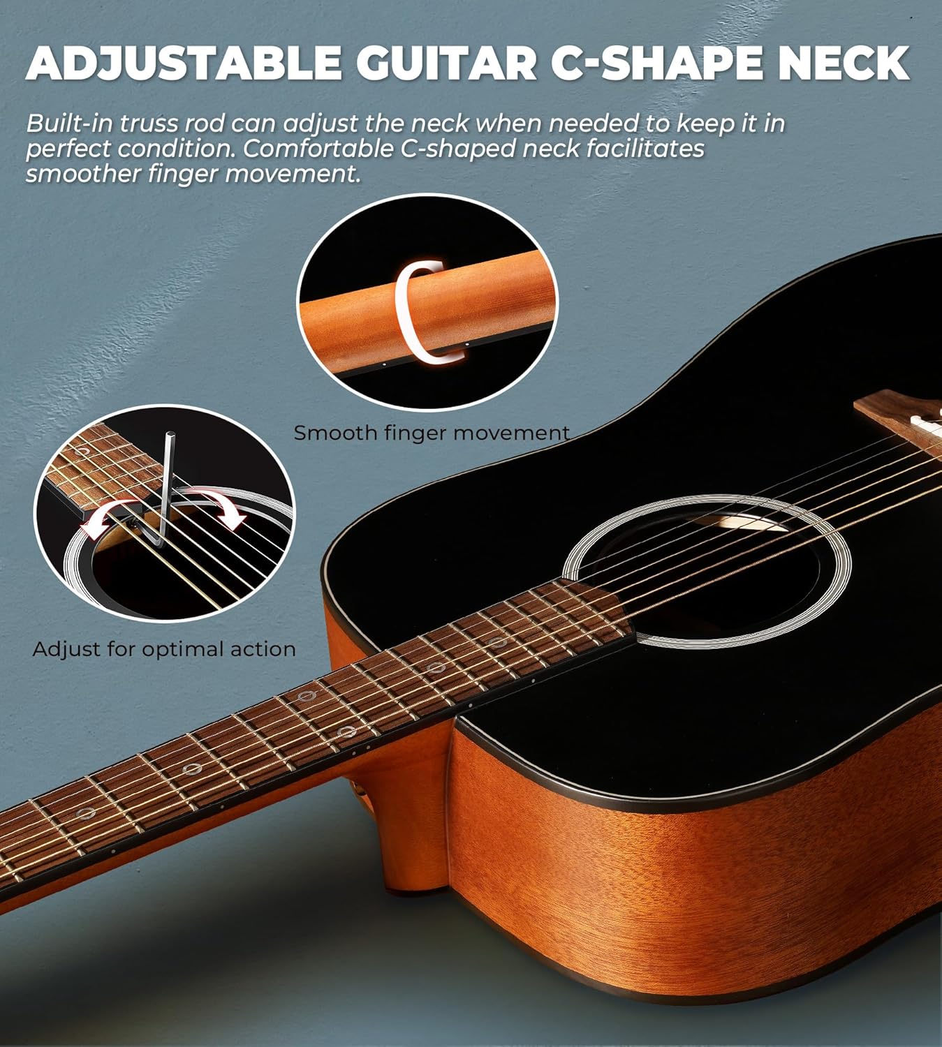 Ensemble de guitare acoustique Vangoa pour débutants, 104 cm, 6 cordes en acier, Dreadnought, pour adultes, adolescents et enfants, avec housse de transport, pour droitier, noir mat