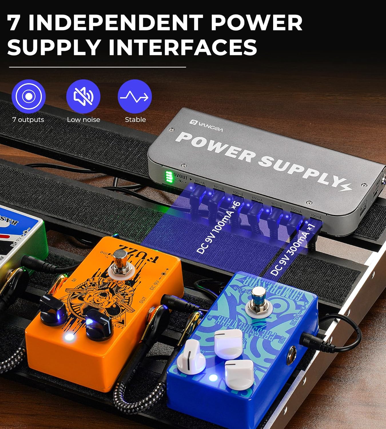Guitar Pedal Power Supply Vangoa Rechargeable Power Supply Portable with Battery Indicator Built-in 4600mAh Battery 7 Channels DC Output for 9V Guitar Bass Effect Pedals with USB Port for Phone Pad