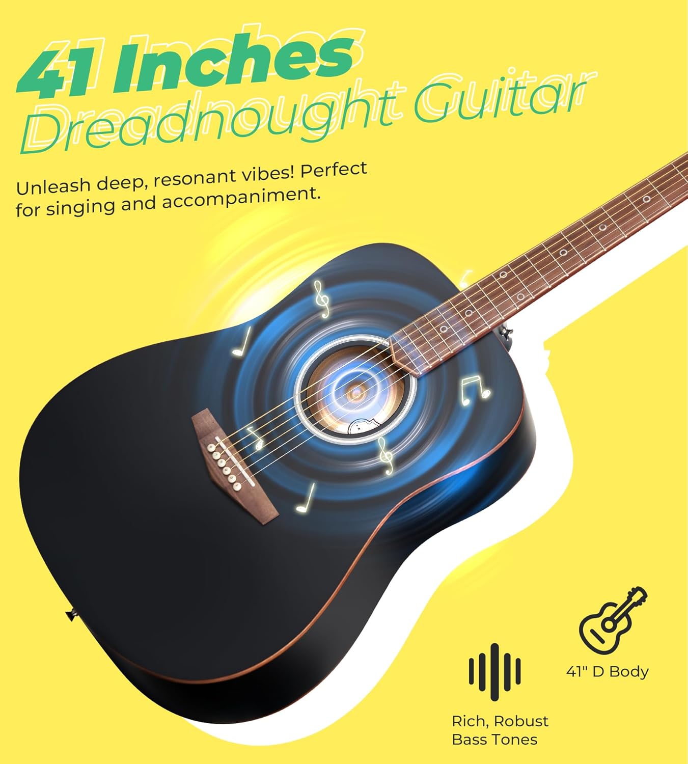 Guitare acoustique dreadnought Vangoa pour débutant adulte, 41 pouces, guitares pour droitier, jeu complet de 6 cordes, touche en noyer, étui rembourré, accordeur, sangle, médiators, capodastre, cordes supplémentaires, noir