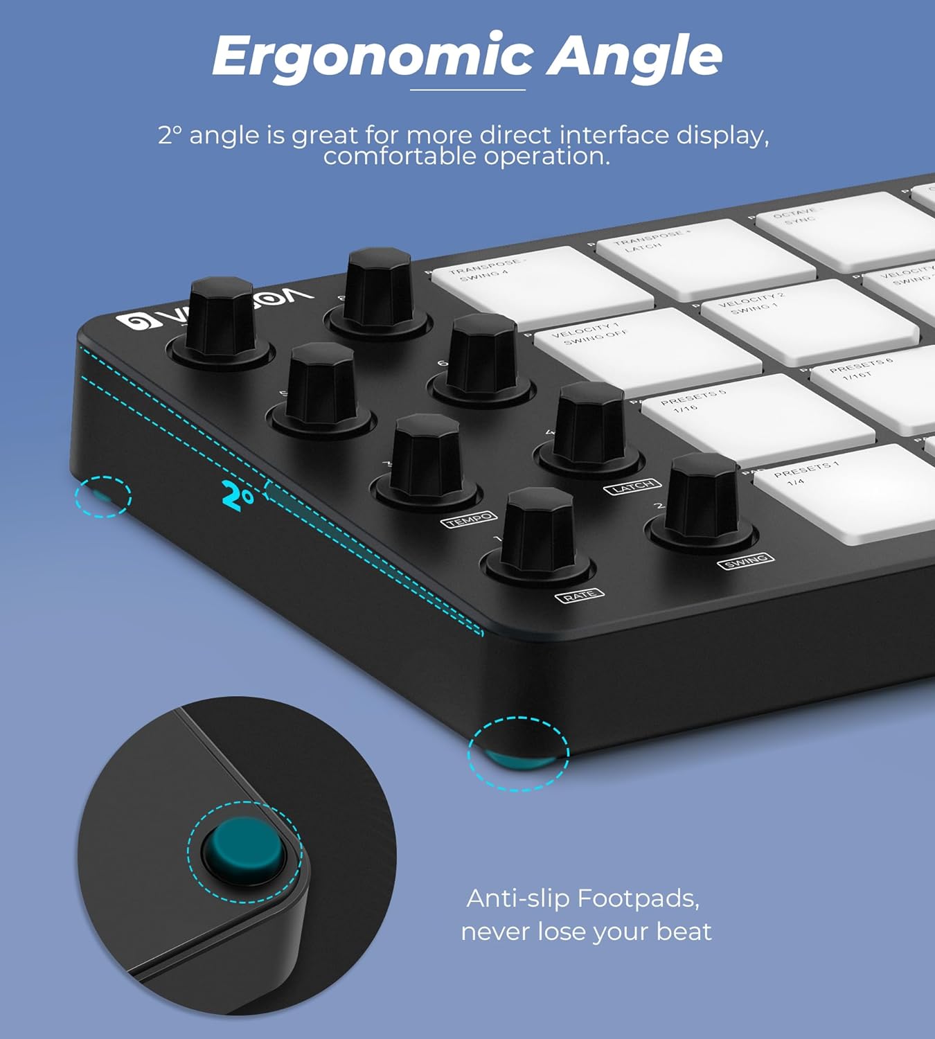 Vangoa MIDI Pad Beat Maker Machine mit 16 anschlagdynamischen RGB-Pads, tragbare, hintergrundbeleuchtete Aftertouch-Wireless-Beating-Maschine mit Note Repeat für Anfänger der Musikproduktion, 8 Knöpfe, wiederaufladbar