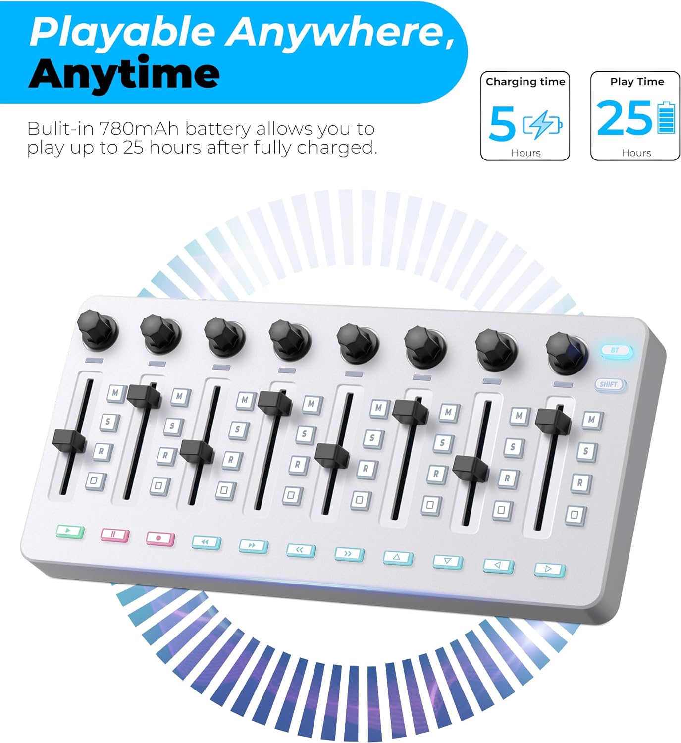 Vangoa Wireless MIDI Controller Mixer Mute, Tragbares USB MIDI Controller Mischpult mit 43 hintergrundbeleuchteten Tasten, 8 benutzerdefinierten rautenförmigen Fadern mit LED-Anzeige, 8 zuweisbaren Drehreglern, Einfaches Layout
