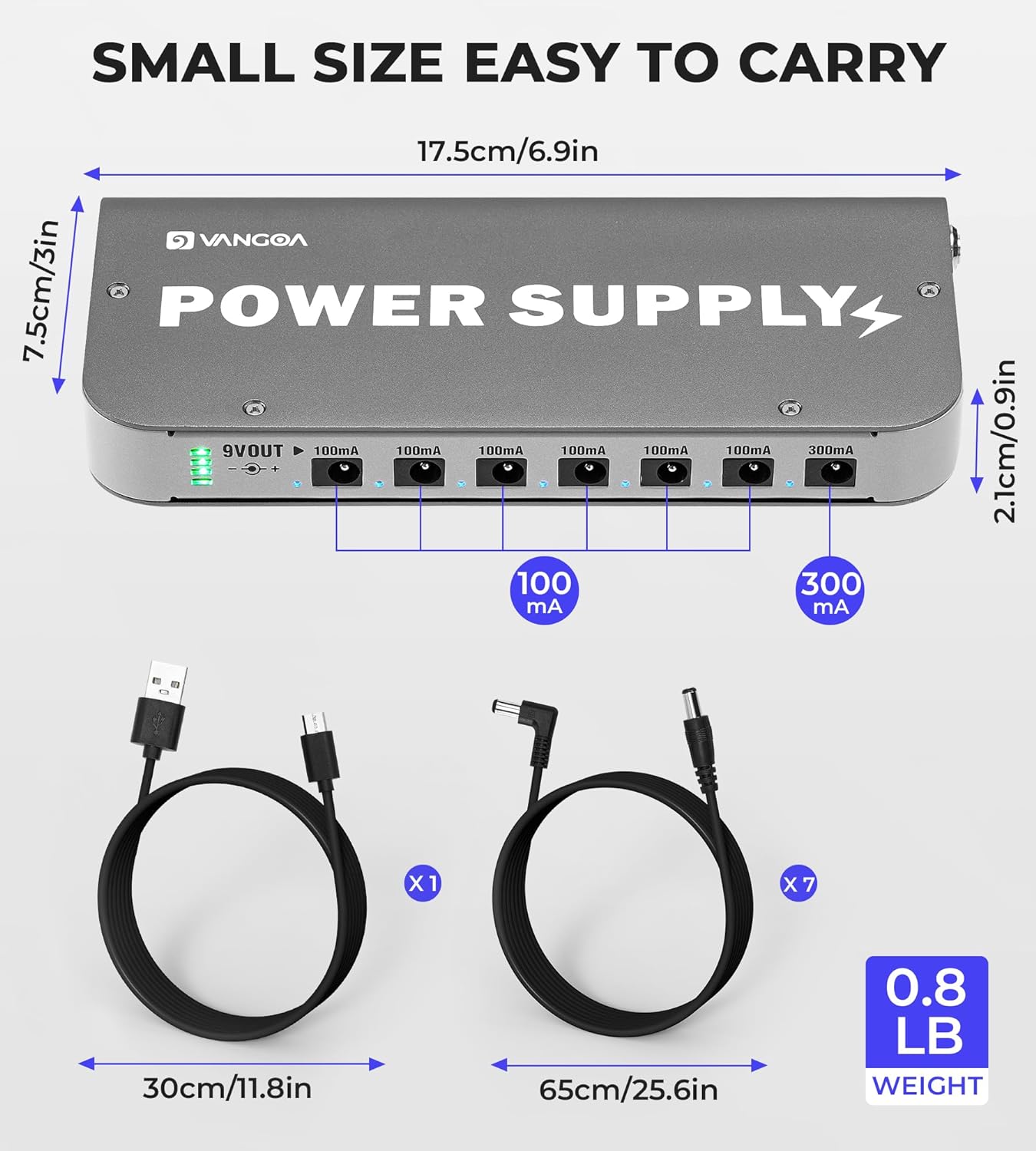 Guitar Pedal Power Supply Vangoa Rechargeable Power Supply Portable with Battery Indicator Built-in 4600mAh Battery 7 Channels DC Output for 9V Guitar Bass Effect Pedals with USB Port for Phone Pad