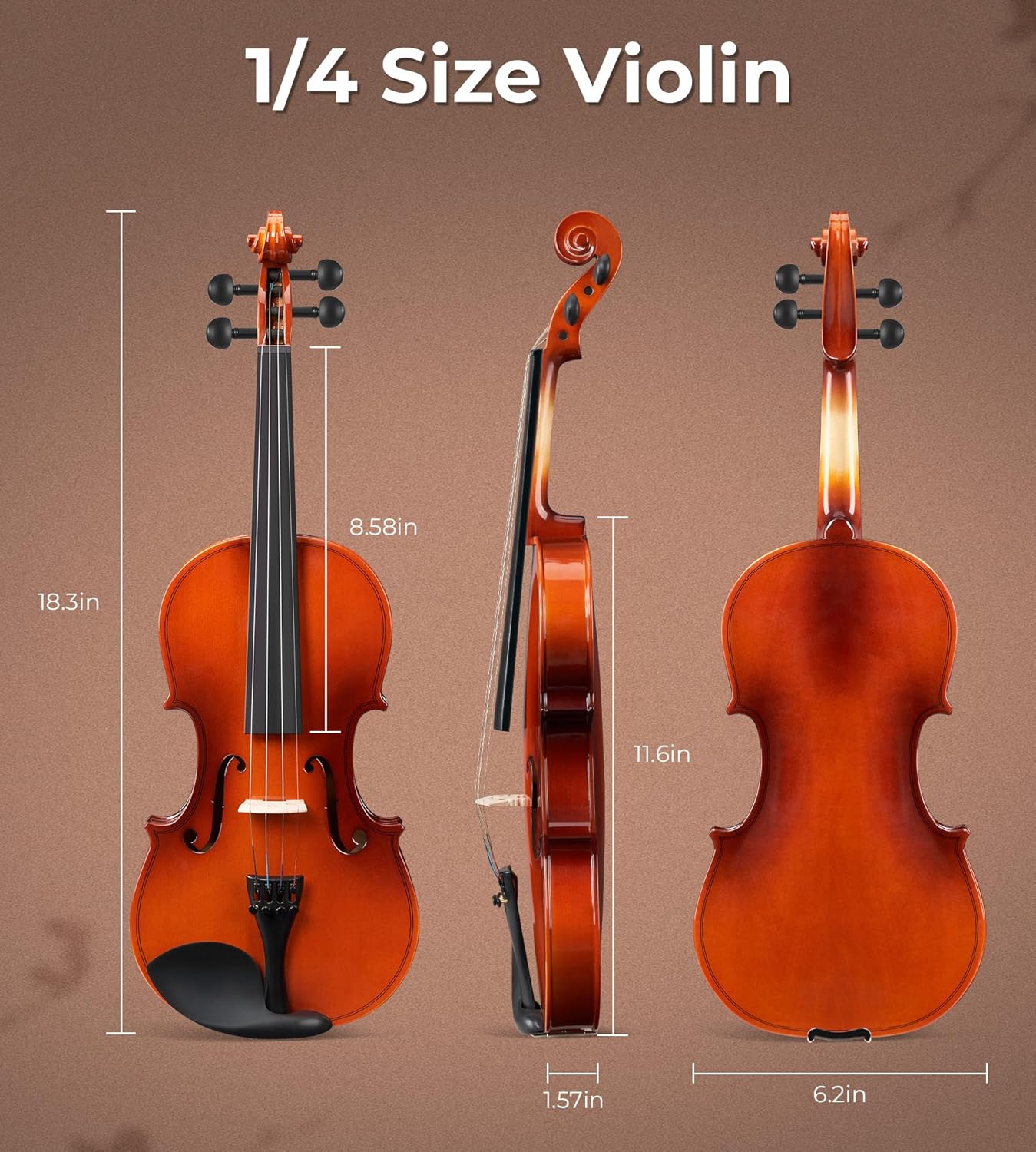 Ensemble de violons Vangoa 1/4 pour enfants débutants, violons acoustiques professionnels pour débutants, pour étudiants débutants, avec étui rigide léger et sourdine, finition antique brillante.