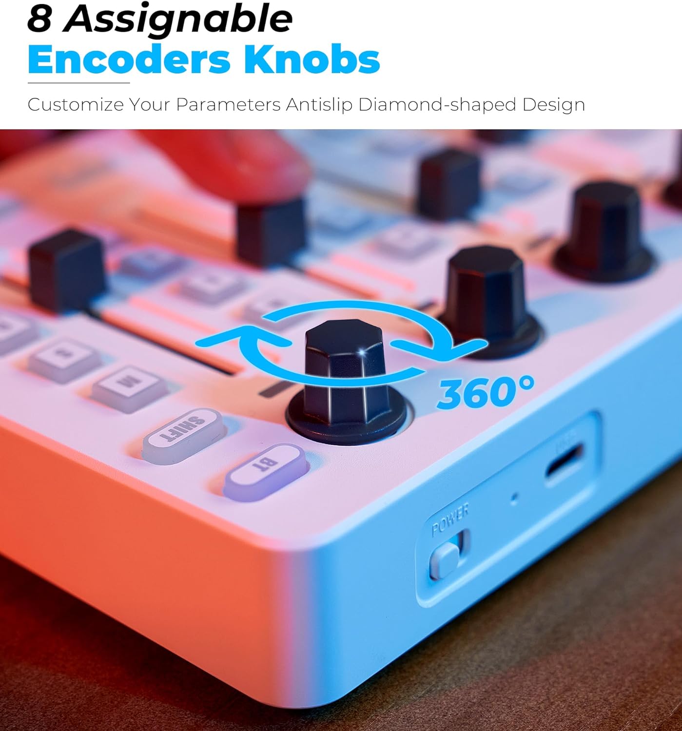 Vangoa Wireless MIDI Controller Mixer Mute, Tragbares USB MIDI Controller Mischpult mit 43 hintergrundbeleuchteten Tasten, 8 benutzerdefinierten rautenförmigen Fadern mit LED-Anzeige, 8 zuweisbaren Drehreglern, Einfaches Layout