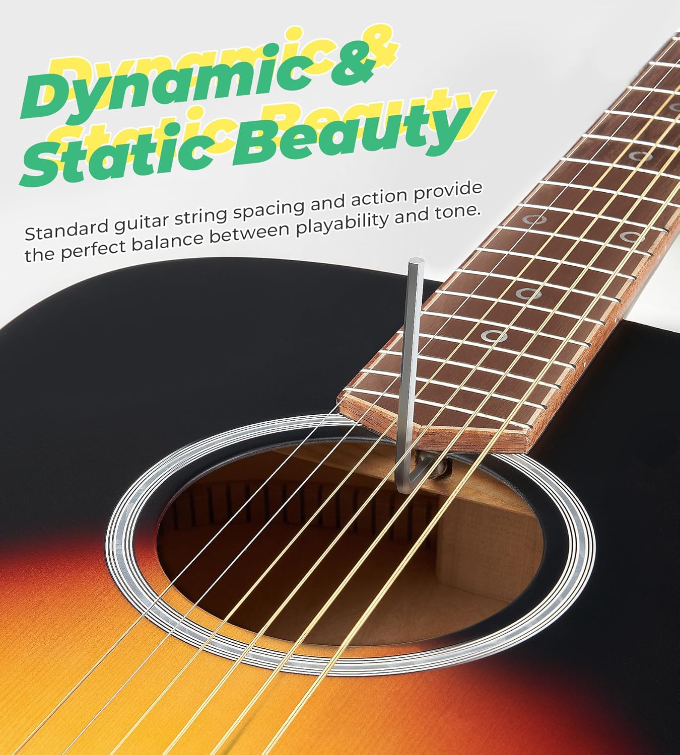 Guitare acoustique dreadnought Vangoa pour débutant adulte, 104 cm, 6 cordes, touche en noyer, étui rigide, accordeur, sangle, médiators, capodastre, cordes supplémentaires, jaune