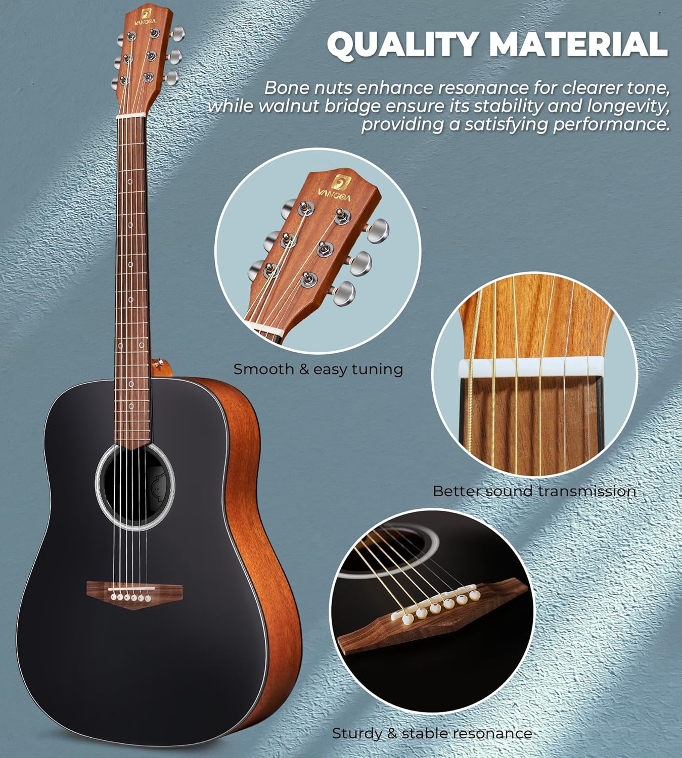Ensemble de guitare acoustique Vangoa pour débutants, 104 cm, 6 cordes en acier, Dreadnought, pour adultes, adolescents et enfants, avec housse de transport, pour droitier, noir mat