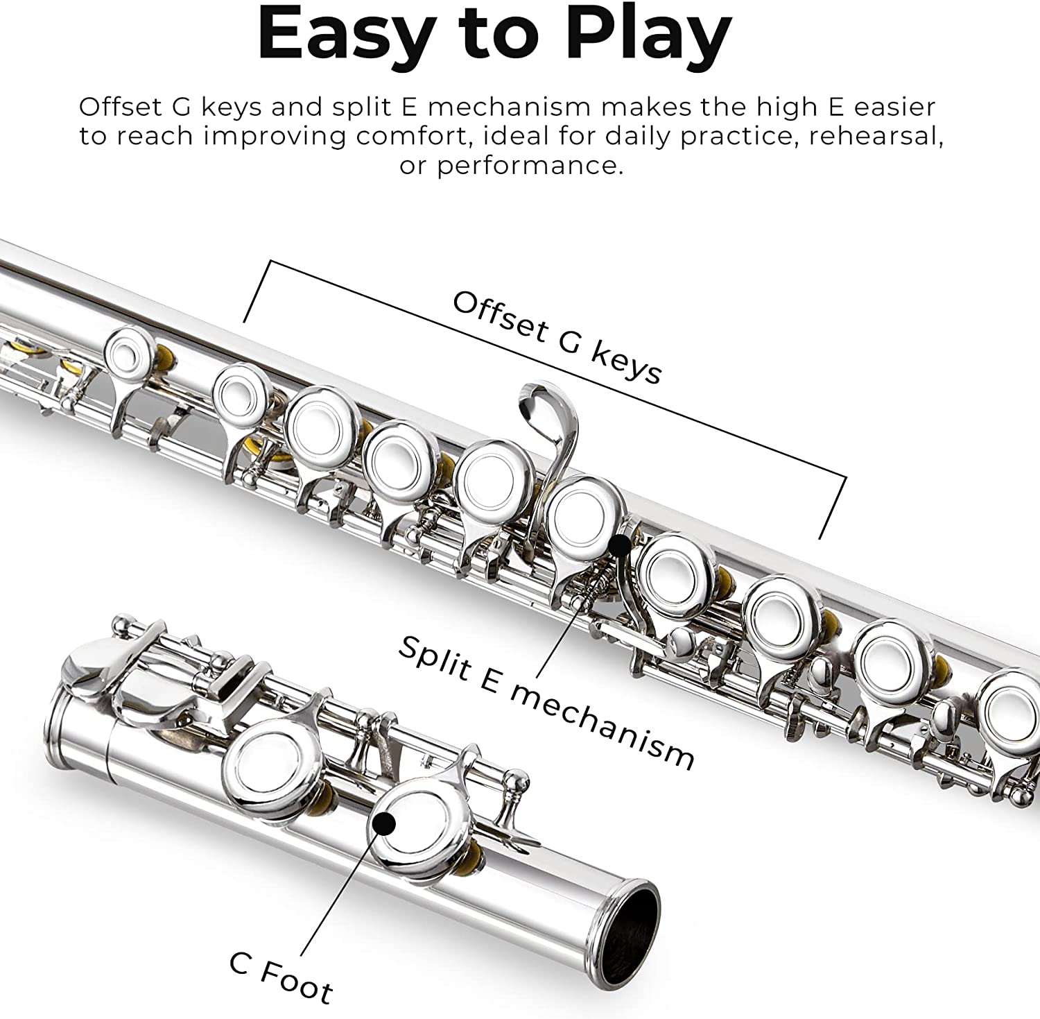 Vangoa C Flute Closed Hole 16 Keys Silver