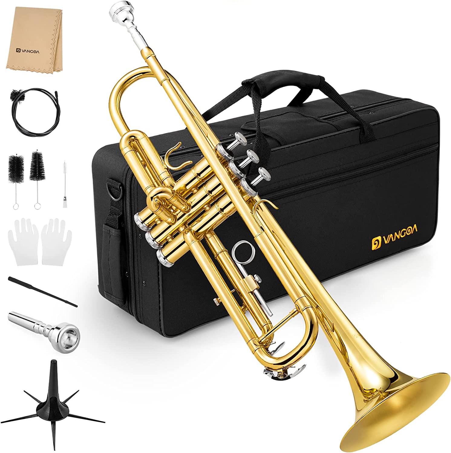 Trompette standard en si bémol Vangoa VTB-1 pour débutants avec huile pour pistons, couleur or