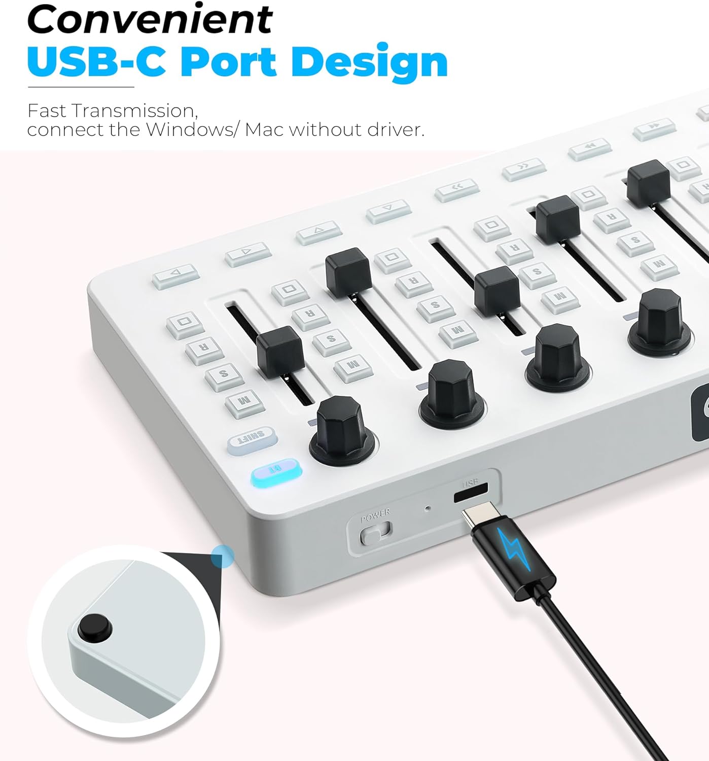 Vangoa Wireless MIDI Controller Mixer Mute, Tragbares USB MIDI Controller Mischpult mit 43 hintergrundbeleuchteten Tasten, 8 benutzerdefinierten rautenförmigen Fadern mit LED-Anzeige, 8 zuweisbaren Drehreglern, Einfaches Layout