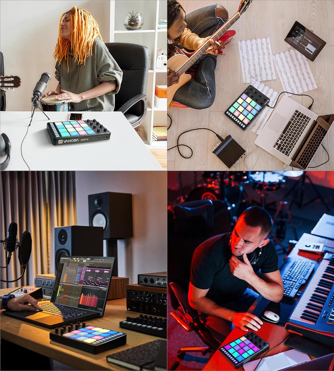 Vangoa MIDI Pad Beat Maker Machine mit 16 anschlagdynamischen RGB-Pads, tragbare, hintergrundbeleuchtete Aftertouch-Wireless-Beating-Maschine mit Note Repeat für Anfänger der Musikproduktion, 8 Knöpfe, wiederaufladbar