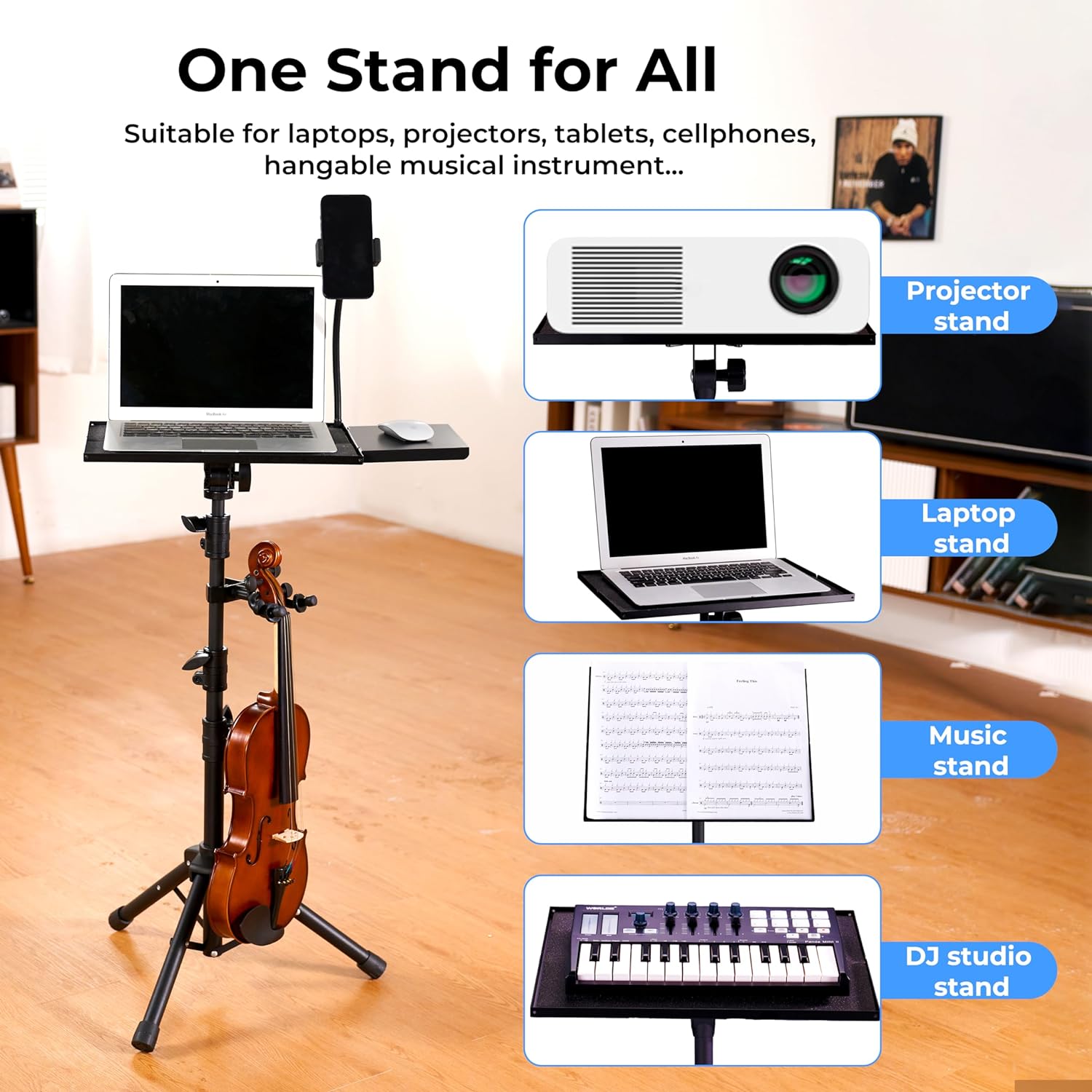 Projector Stand Tripod Vangoa Laptop Tripod Stand Adjustable Height 23.6 to 62in with Mouse Tray Phone Holder Violin Hanger Multifunctional Stand for Home, Office, Stage, Studio, DJ Racks Holder Mount