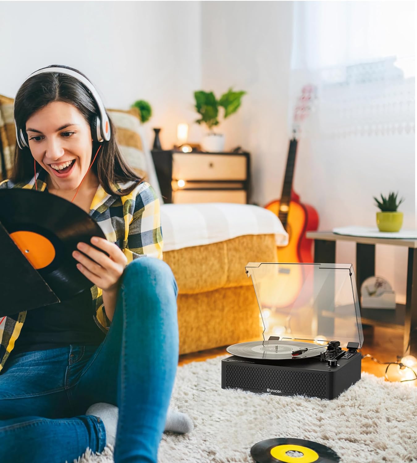Vangoa Vinyl Record Player Turntable with 2 Built-in Speakers, Wireless Record Player 3 Speed 3 Size, Portable Vintage Belt-Driven Turntables for Vinyl Records, Black