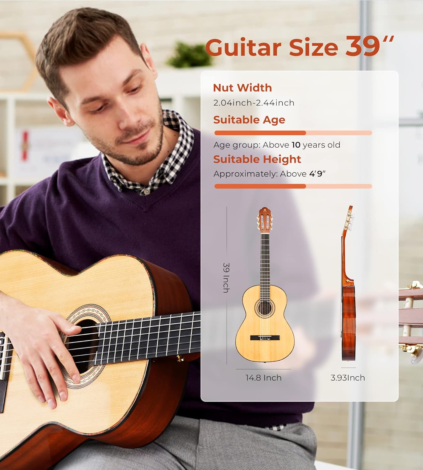 Vangoa Konzertgitarre, 39 Zoll große Nylonsaitengitarre, Spanische Gitarre in voller Größe für Anfänger mit Fichtendecke und Sapeli-Rückseite, Paket für Gigbag, Pedal, Gitarrenstimmgerät, Gurt, Kapodaster, Ersatzsaiten
