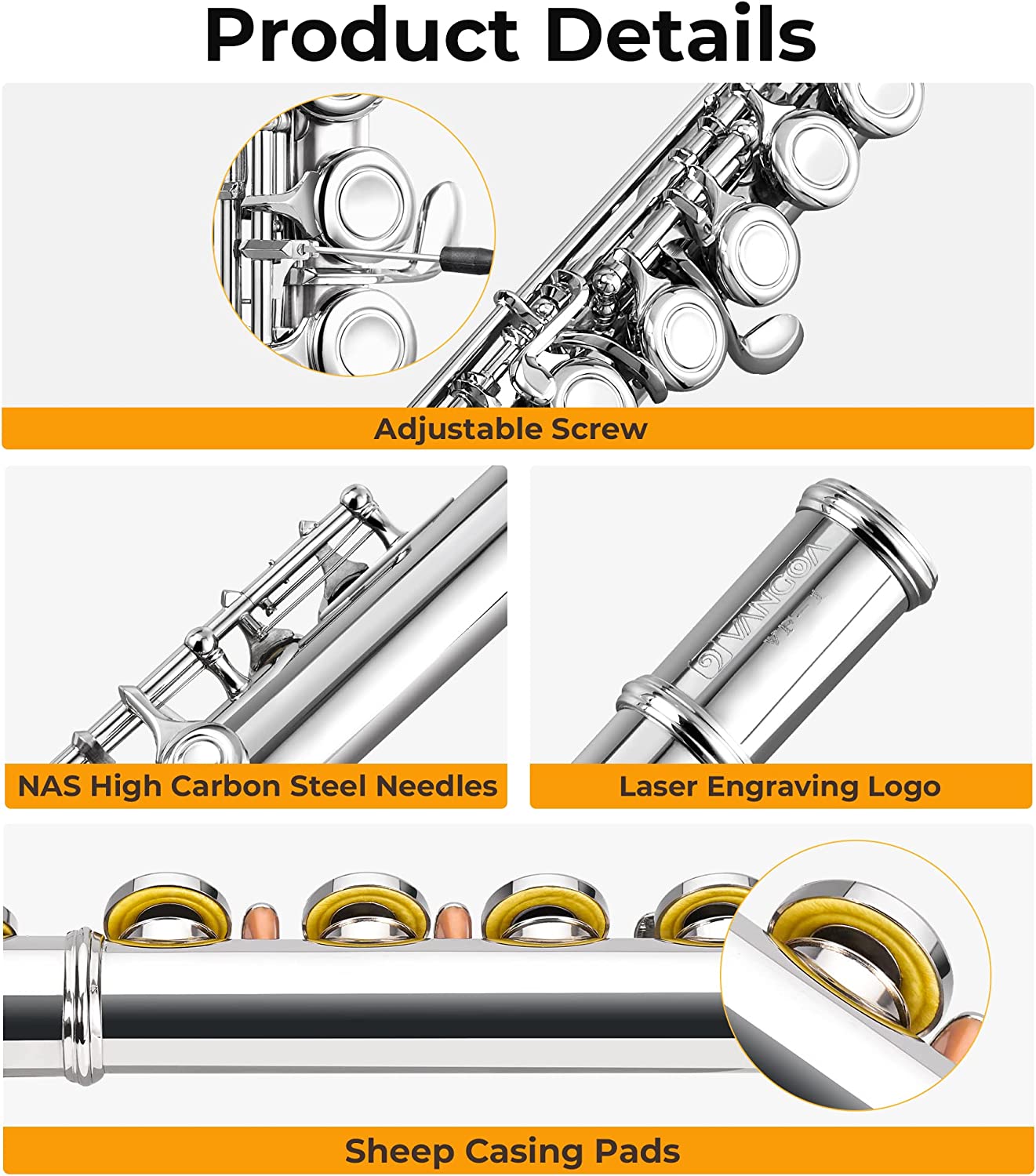 Vangoa C Flute Closed Hole 16 Keys Silver