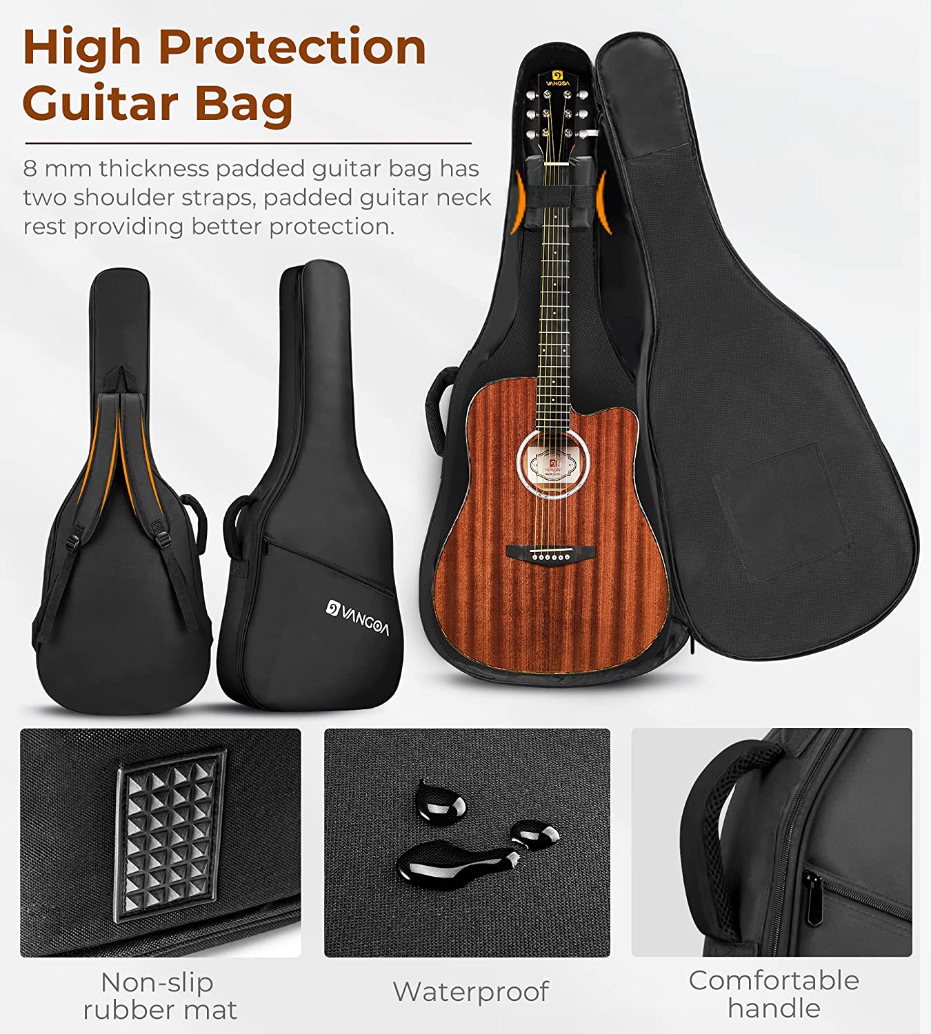 Guitare acoustique Vangoa 41 pouces, dreadnought, bois de sapelli, pour adultes, adolescents et professionnels, marron