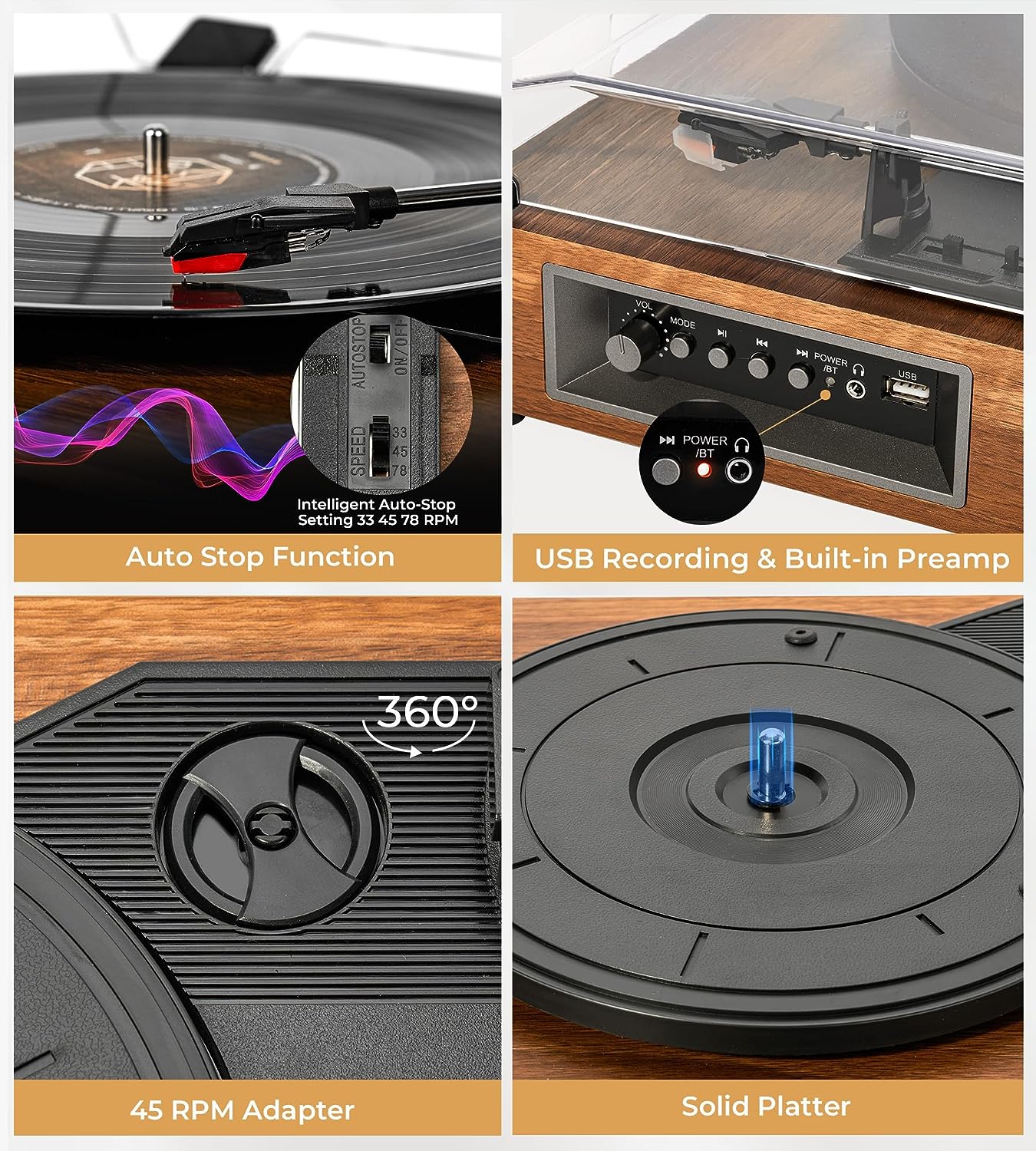 Platine vinyle Vangoa, système Hi-Fi Bluetooth avec enceintes d'étagère stéréo 5 watts