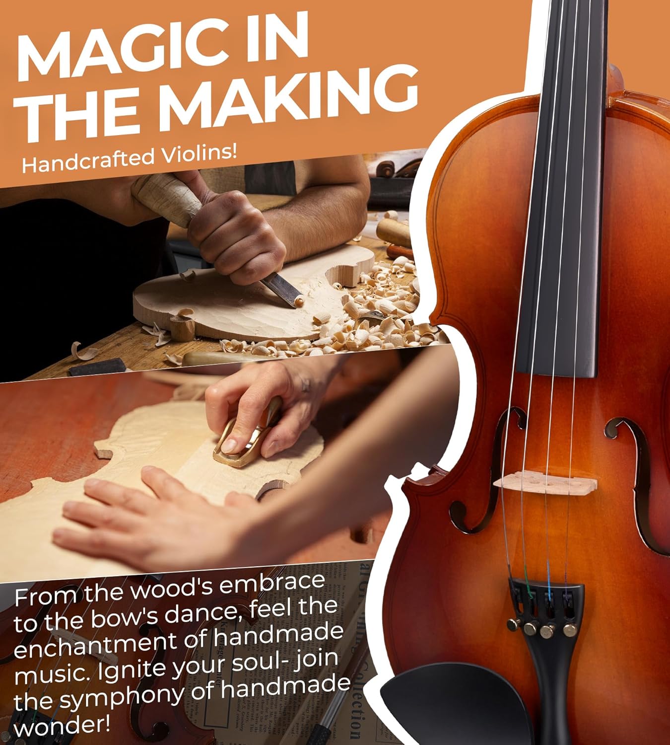 Ensemble de violons Vangoa demi-taille, violons acoustiques demi-taille faits main pour débutants, avec plateau en bois massif et étui rigide léger pour enfants, adultes et droitiers.