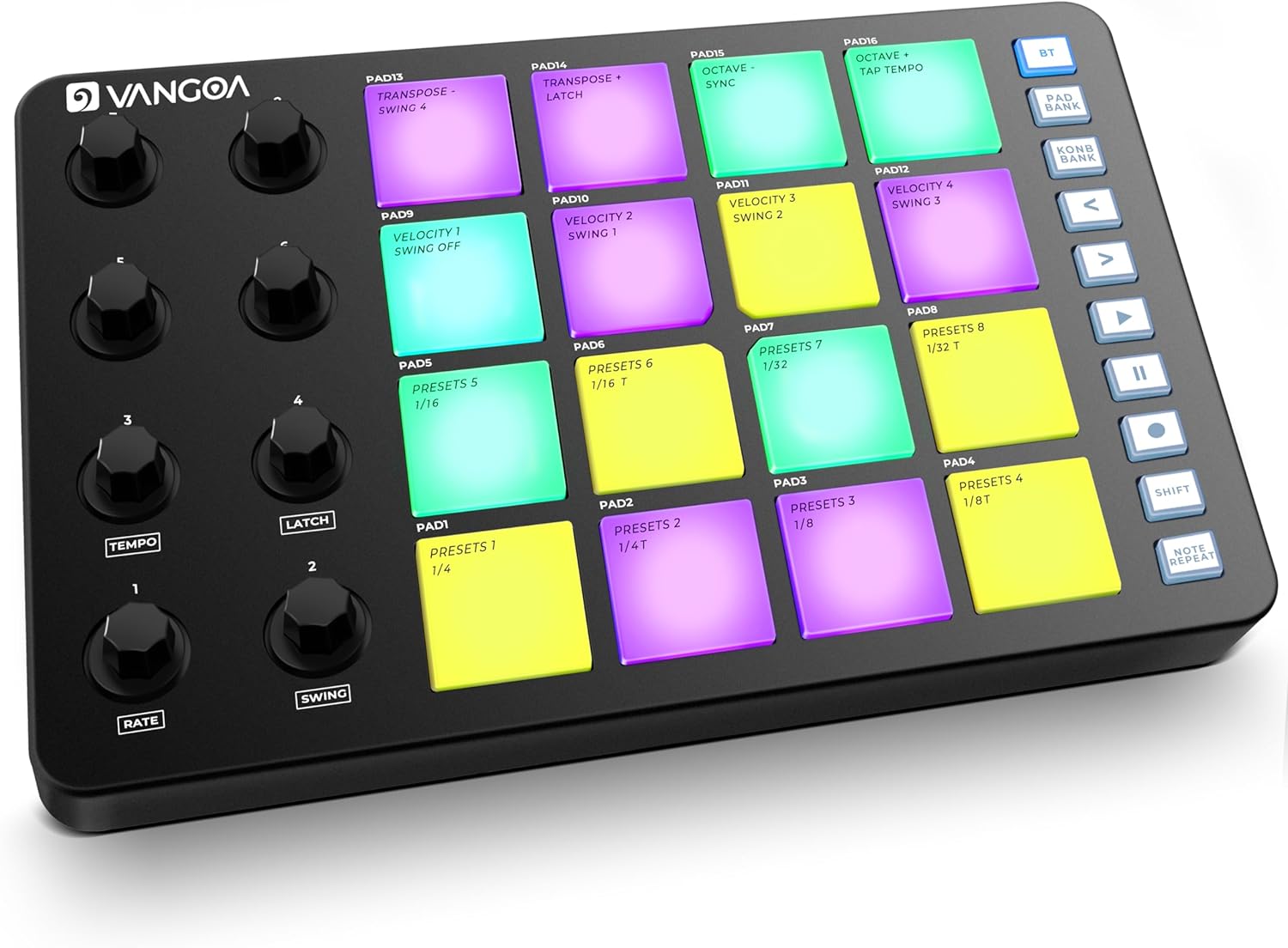 Vangoa MIDI Pad Beat Maker Machine mit 16 anschlagdynamischen RGB-Pads, tragbare, hintergrundbeleuchtete Aftertouch-Wireless-Beating-Maschine mit Note Repeat für Anfänger der Musikproduktion, 8 Knöpfe, wiederaufladbar