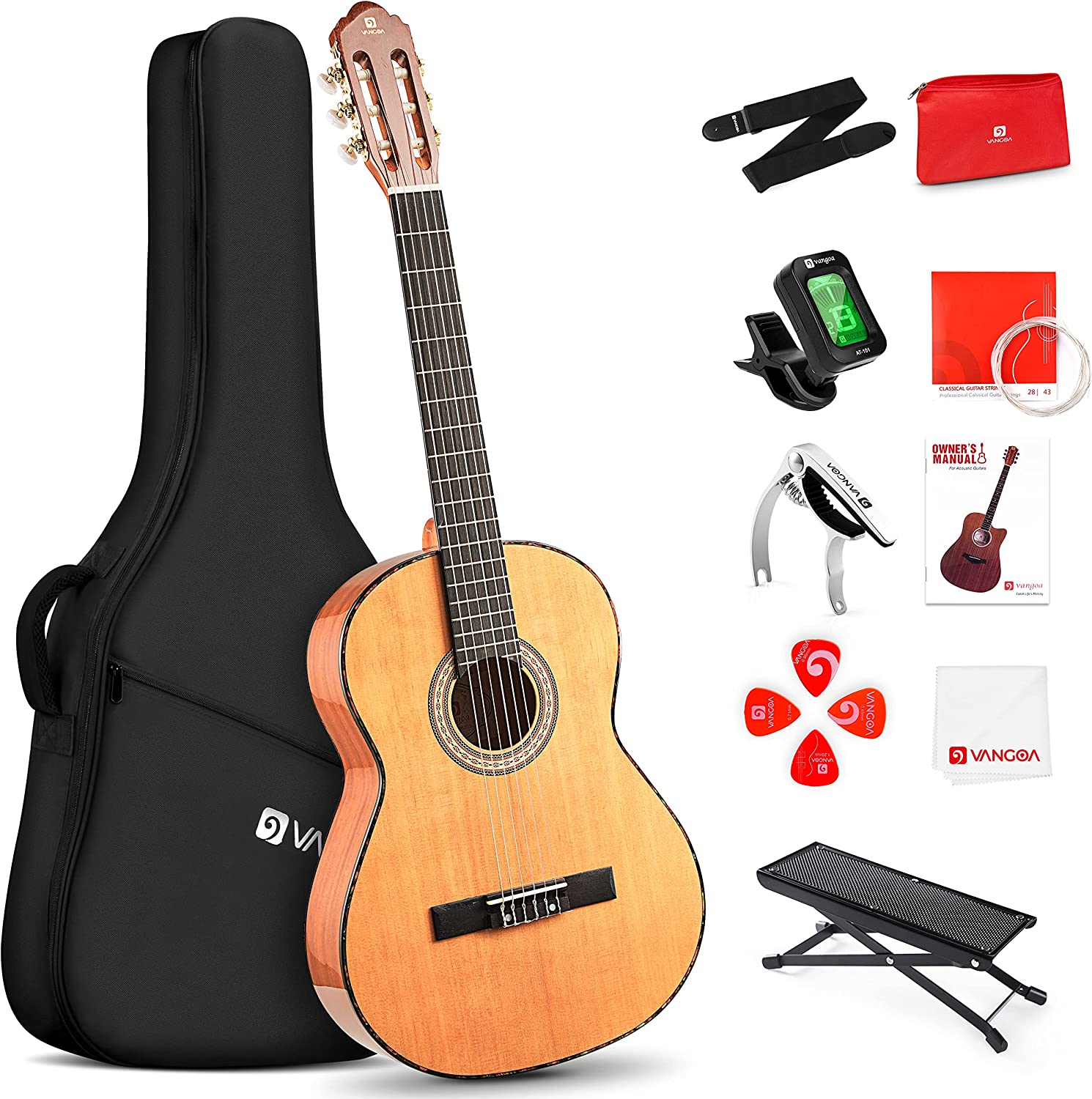 Vangoa Konzertgitarre, volle Größe, 4/4, spanischer Stil, klassische Gitarre, 39 Zoll, Nylonsaiten, ideal für Anfänger und Erwachsene, massive Zederndecke