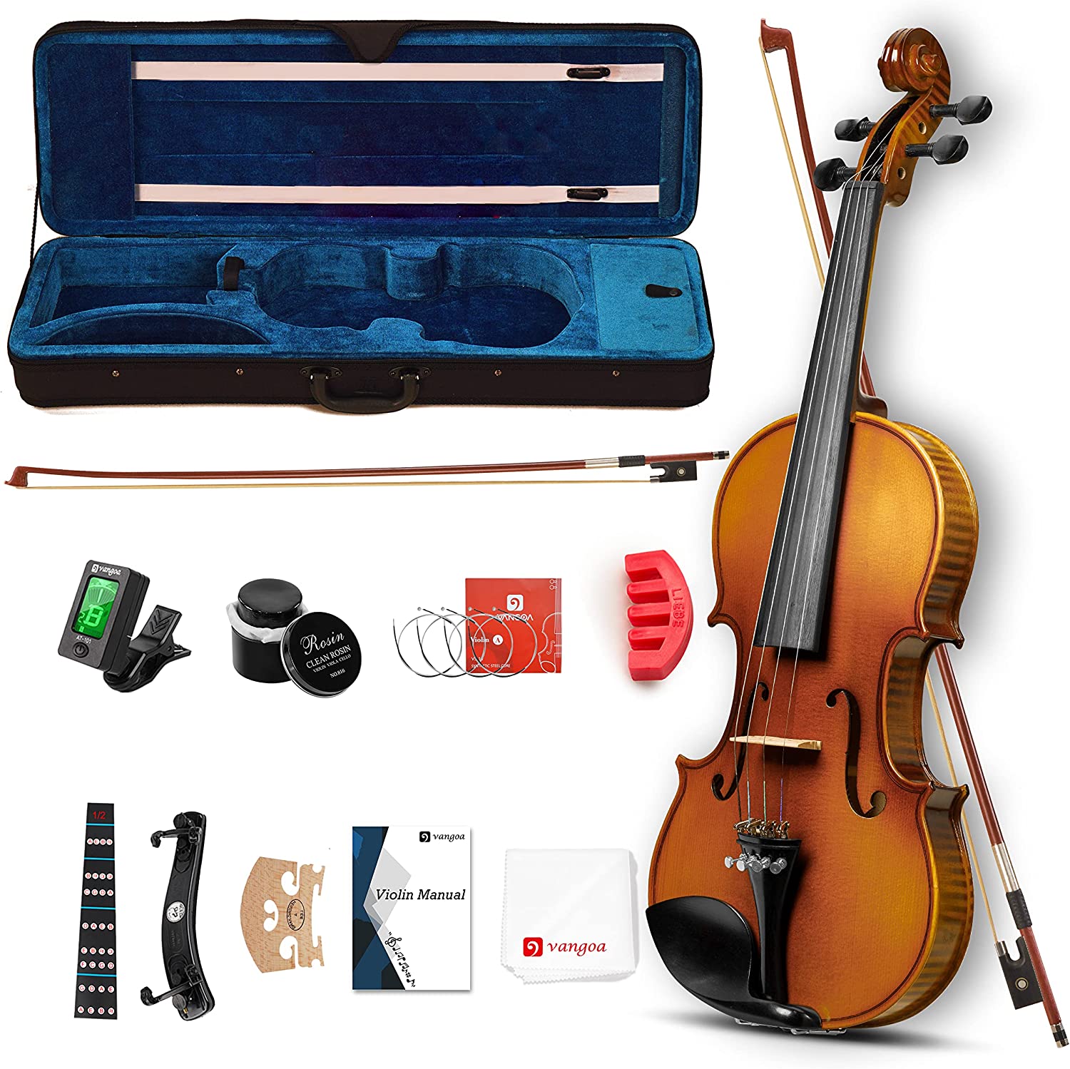 Violon en bois massif Vangoa VA200, taille 1/2, dos unique en érable flammé