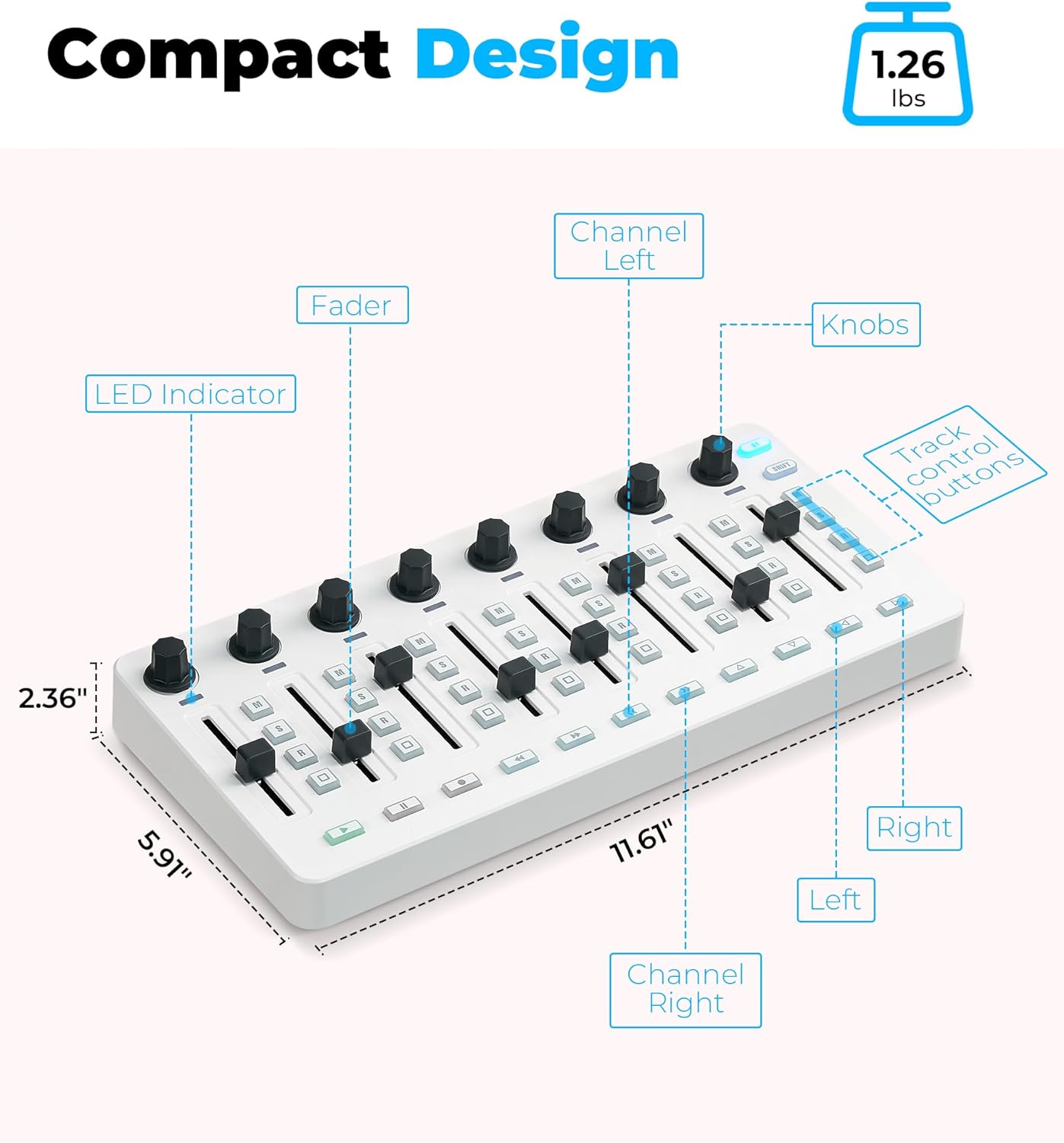 Vangoa Wireless MIDI Controller Mixer Mute, Tragbares USB MIDI Controller Mischpult mit 43 hintergrundbeleuchteten Tasten, 8 benutzerdefinierten rautenförmigen Fadern mit LED-Anzeige, 8 zuweisbaren Drehreglern, Einfaches Layout