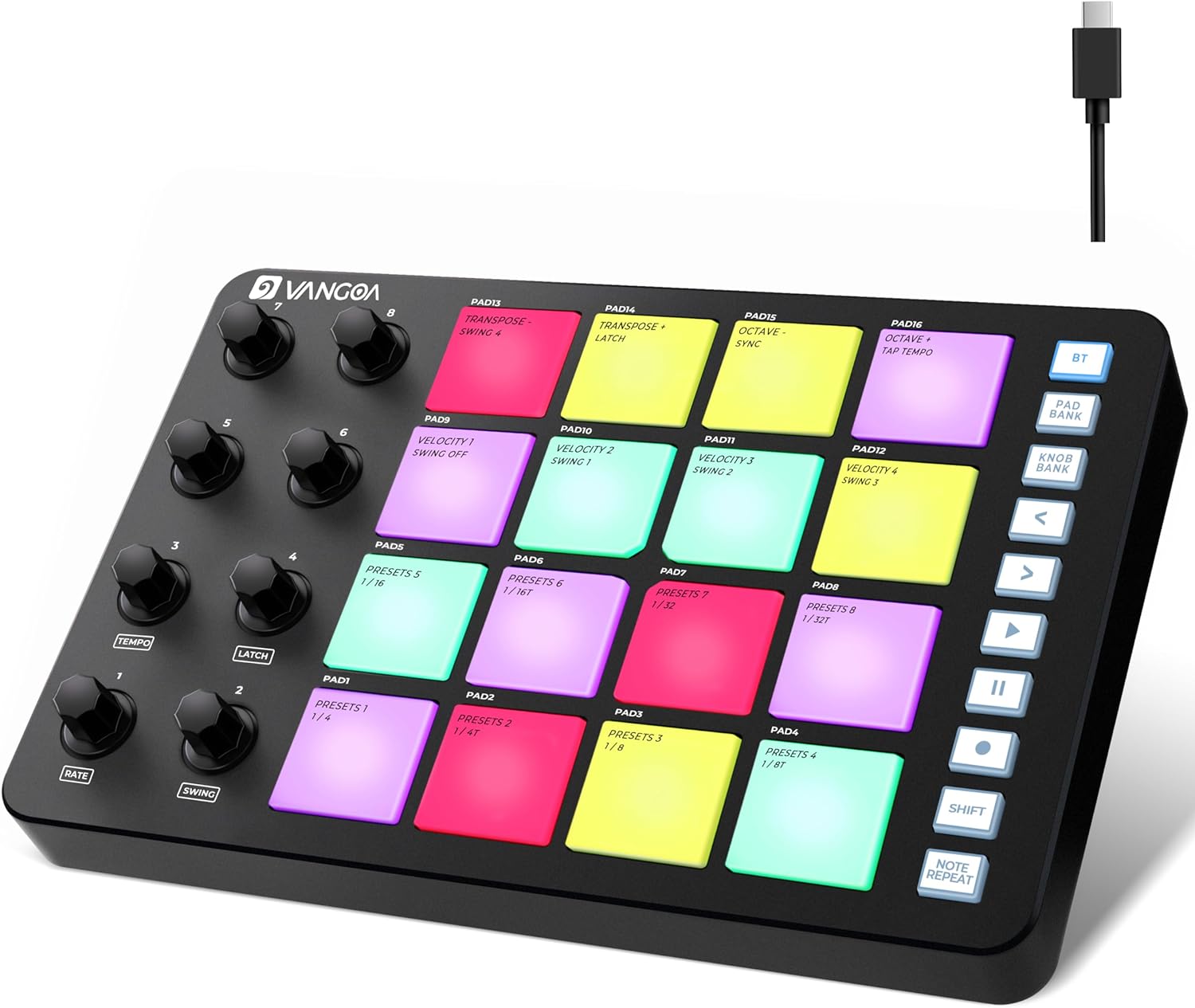 Vangoa MIDI Pad Beat Maker Machine mit 16 anschlagdynamischen RGB-Pads, tragbare, hintergrundbeleuchtete Aftertouch-Wireless-Beating-Maschine mit Note Repeat für Anfänger der Musikproduktion, 8 Knöpfe, wiederaufladbar