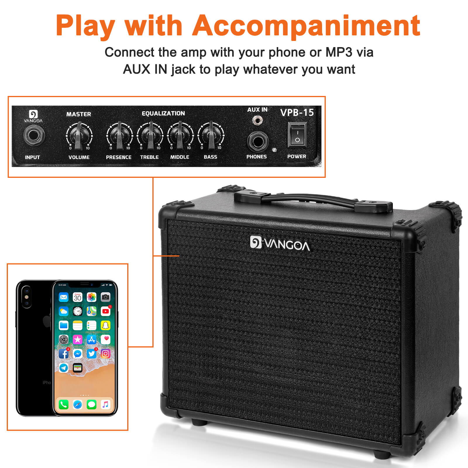 Amplificateur de basse Vangoa 15 W, portable, combo basse électrique, petit format, pour entraînement à la basse, intérieur et extérieur, noir