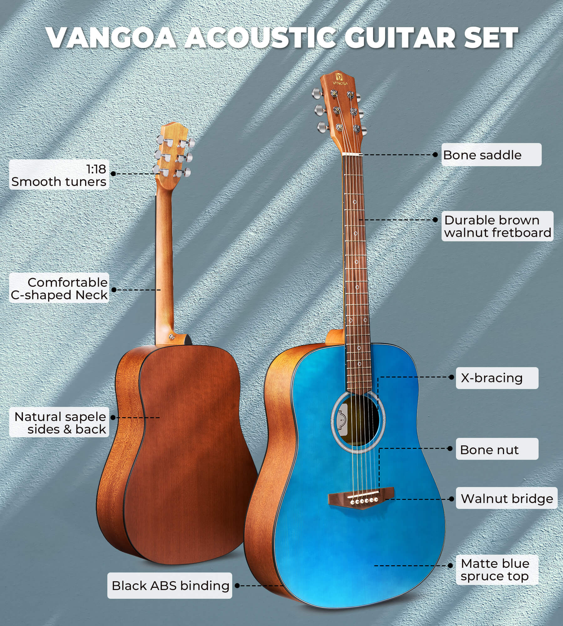 Ensemble de guitare acoustique Vangoa pour débutants, adultes, adolescents et enfants, guitare acoustique Dreadnought 4/4, guitare folk 6 cordes en acier de 104 cm avec housse de transport, droitier, bleu mat
