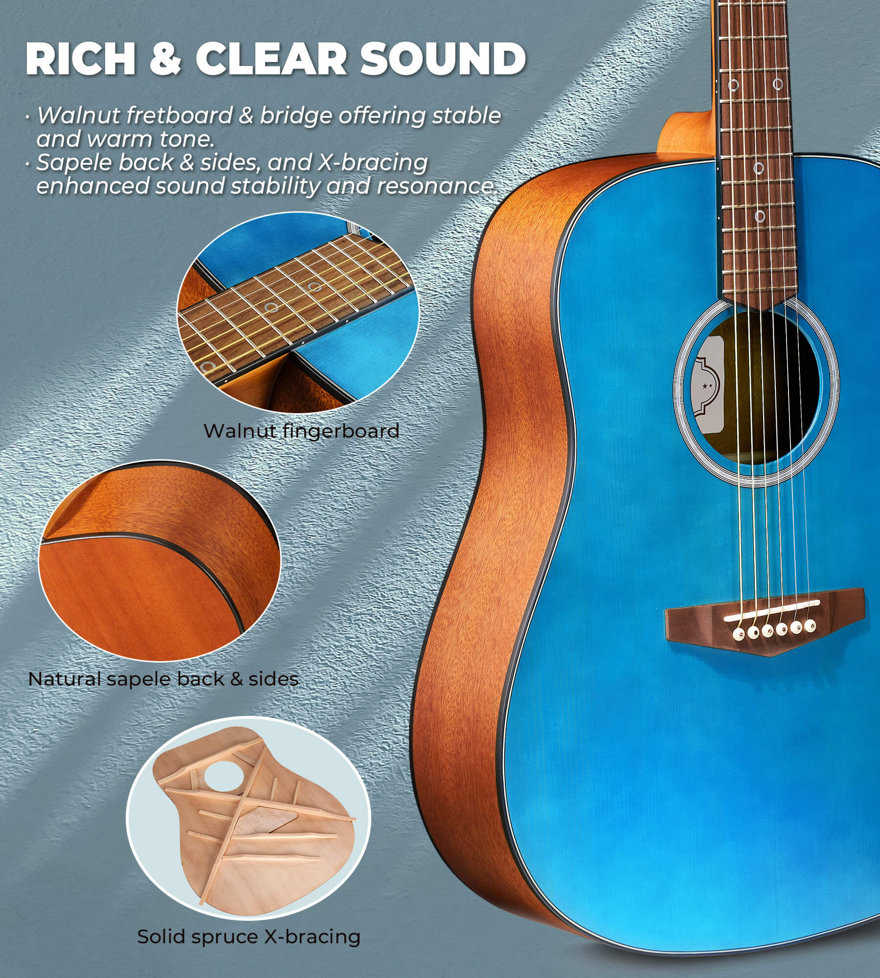 Ensemble de guitare acoustique Vangoa pour débutants, adultes, adolescents et enfants, guitare acoustique Dreadnought 4/4, guitare folk 6 cordes en acier de 104 cm avec housse de transport, droitier, bleu mat