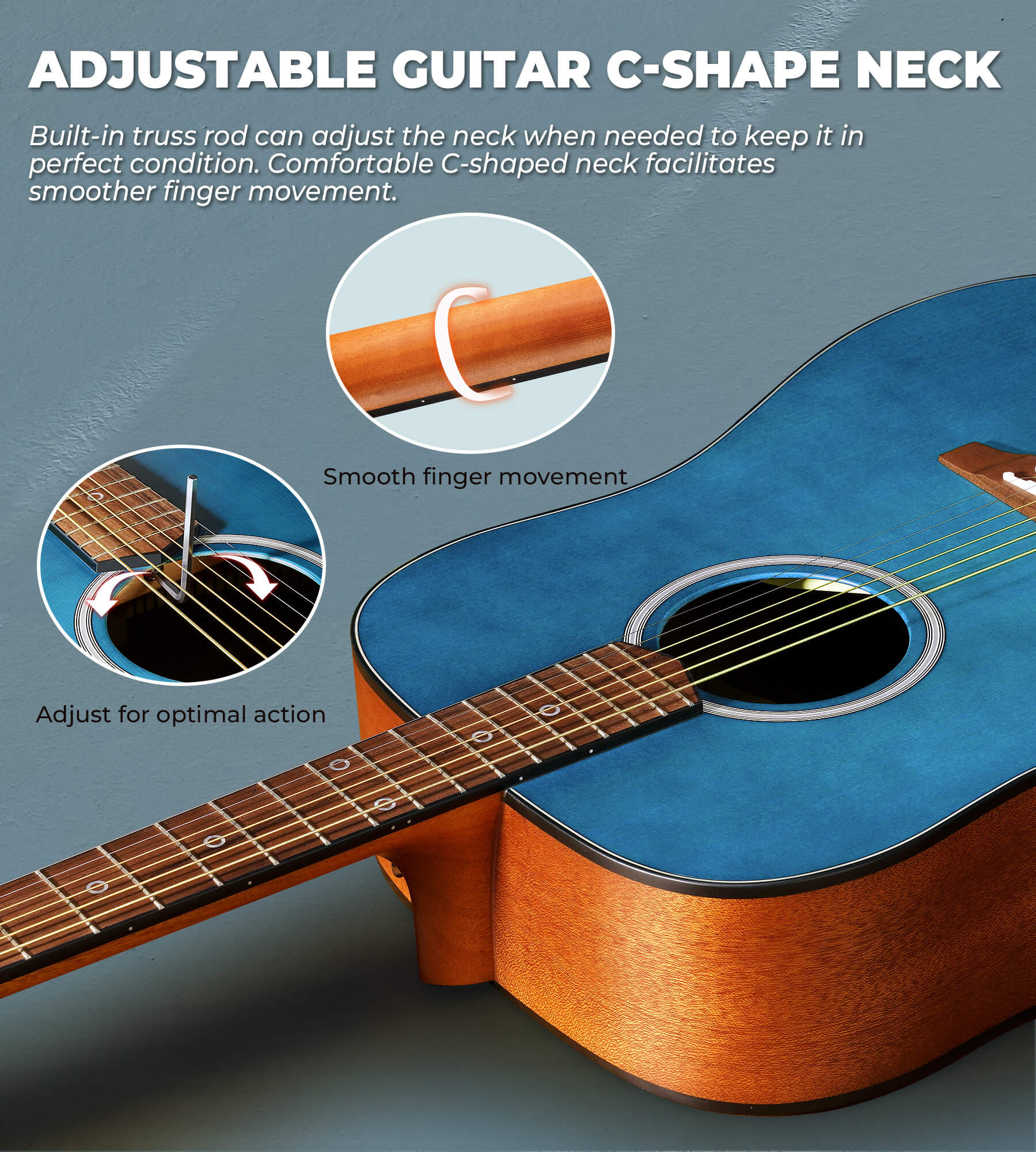 Ensemble de guitare acoustique Vangoa pour débutants, adultes, adolescents et enfants, guitare acoustique Dreadnought 4/4, guitare folk 6 cordes en acier de 104 cm avec housse de transport, droitier, bleu mat